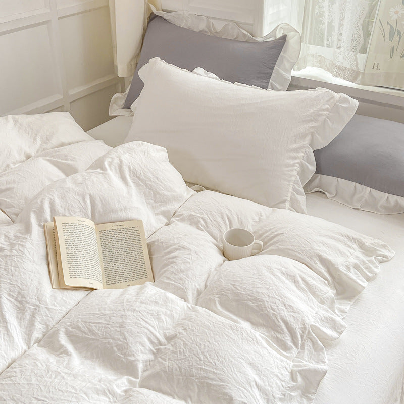 Instagram-Style White Bedding Set - Princess Water-Washed Cotton, 4-Piece Duvet Cover Set