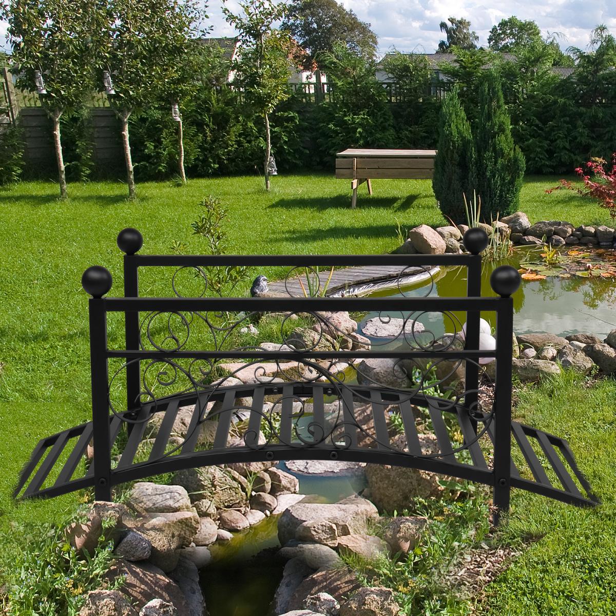 Metal Garden Bridge Outdoor Patio Pond Bridge with Powder-Coated Finish and Security Guardrail - Black