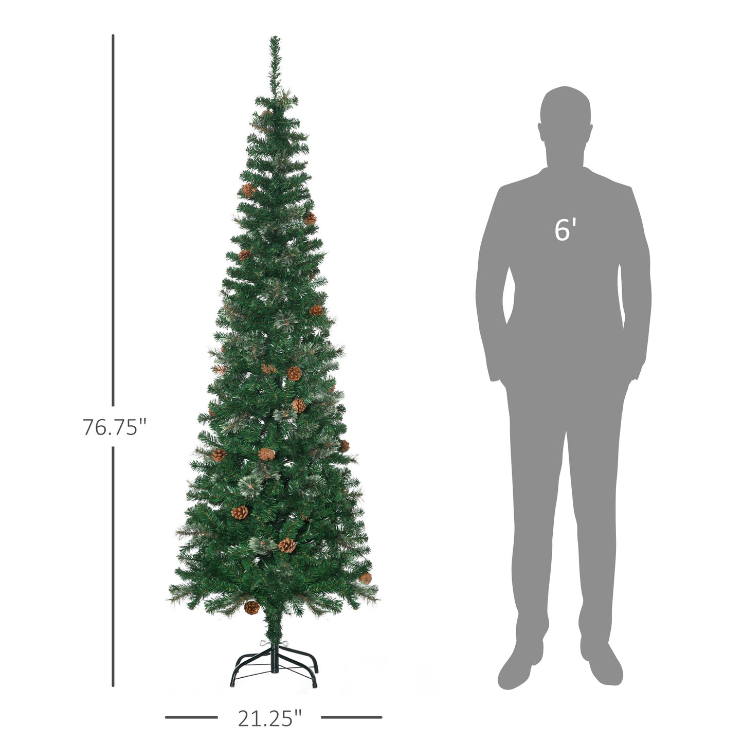 6.5-Foot Slim Pencil Christmas Tree with Pine Cones - Green