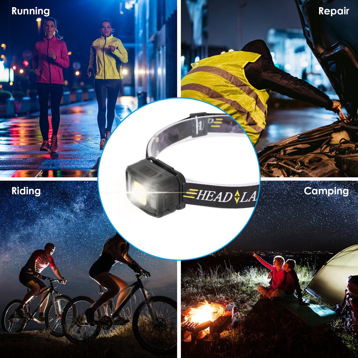 Rechargeable Motion Sensor Headlamp 2 Pack - 6 Light Modes, Waterproof, Adjustable Head Torch for Camping Hiking Fishing Running