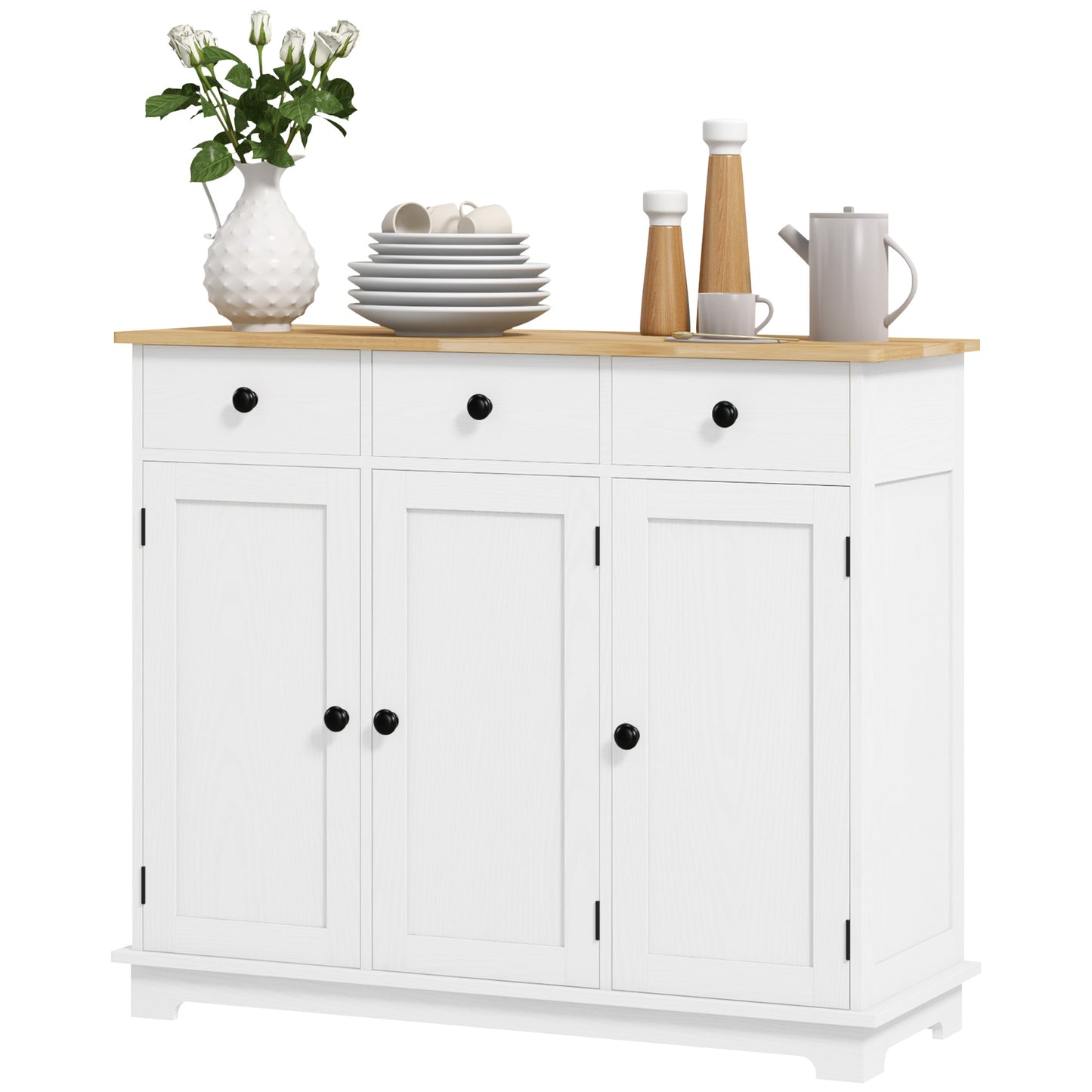 Kitchen Storage Cabinet with Adjustable Shelf & 3 Drawers - Distressed White