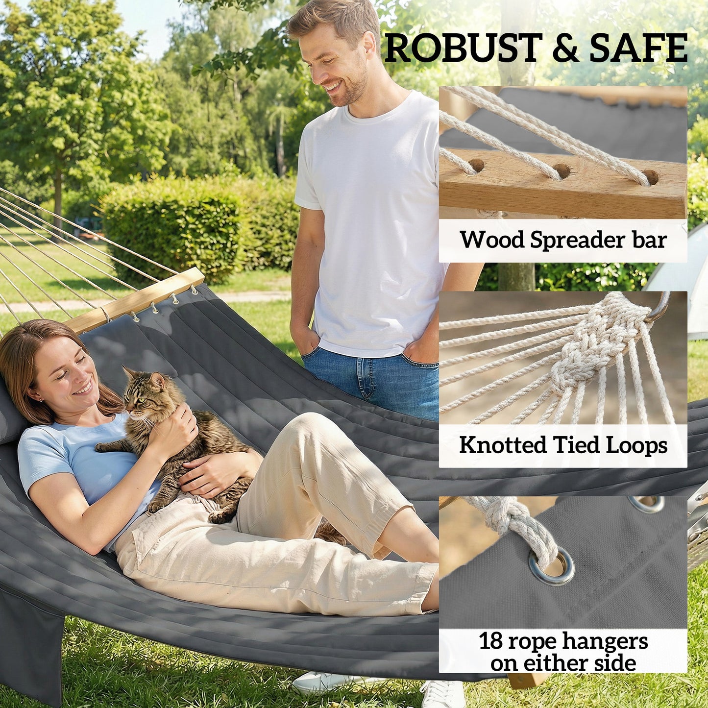Double Hammock for 2 with Pillow & Pad - 440 lbs Capacity, Gray