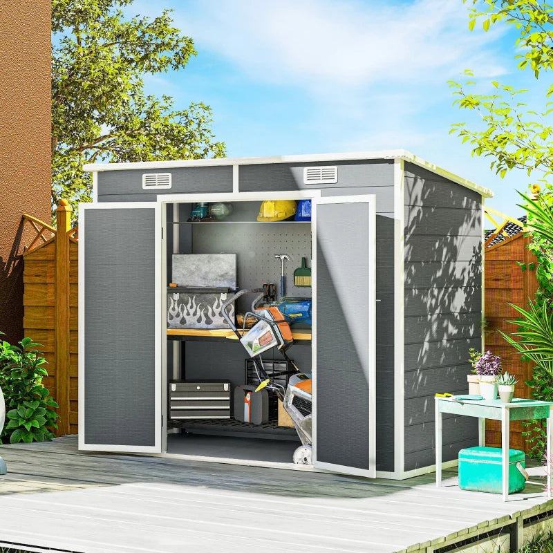 Outdoor Storage Shed with Floor, Lockable Double Doors, Window & Vents - Gray