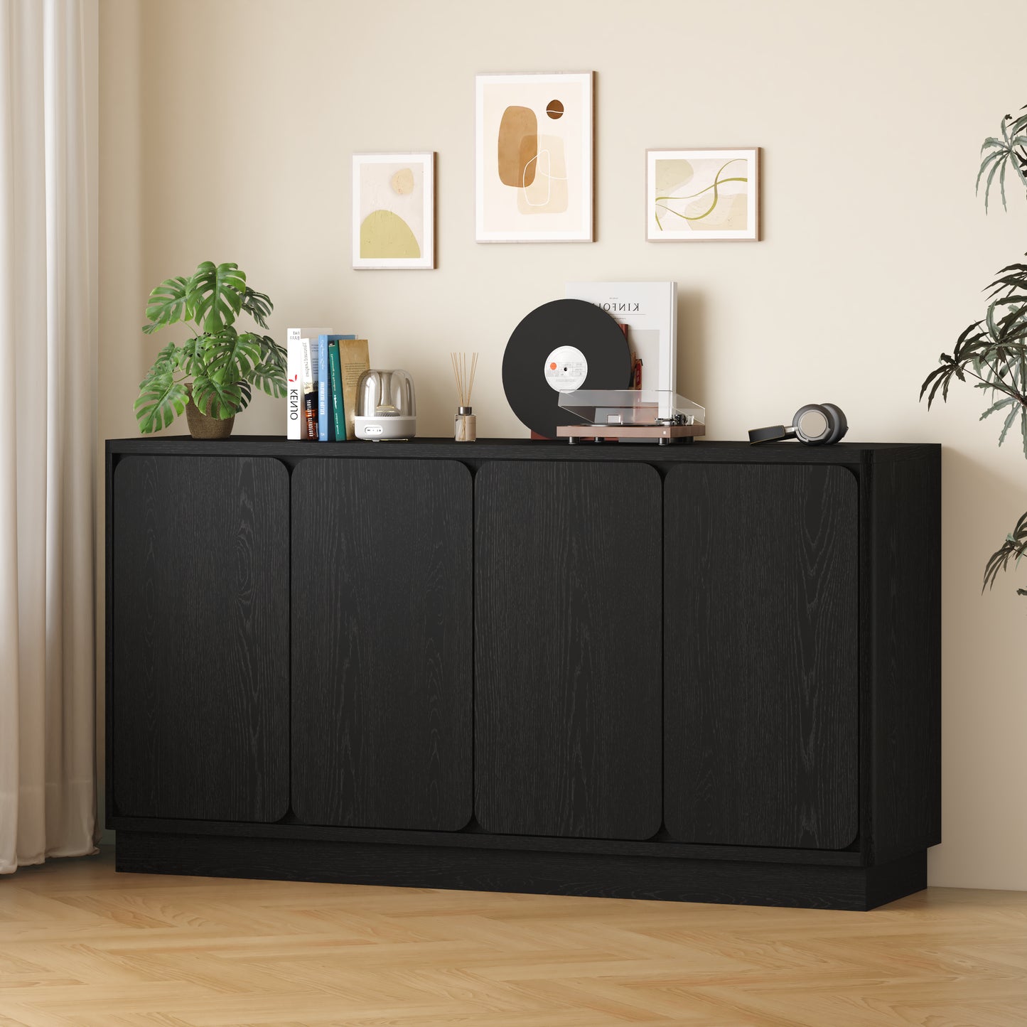 59.1-Inch Black 4-Door Sideboard Buffet Cabinet with Adjustable Shelves