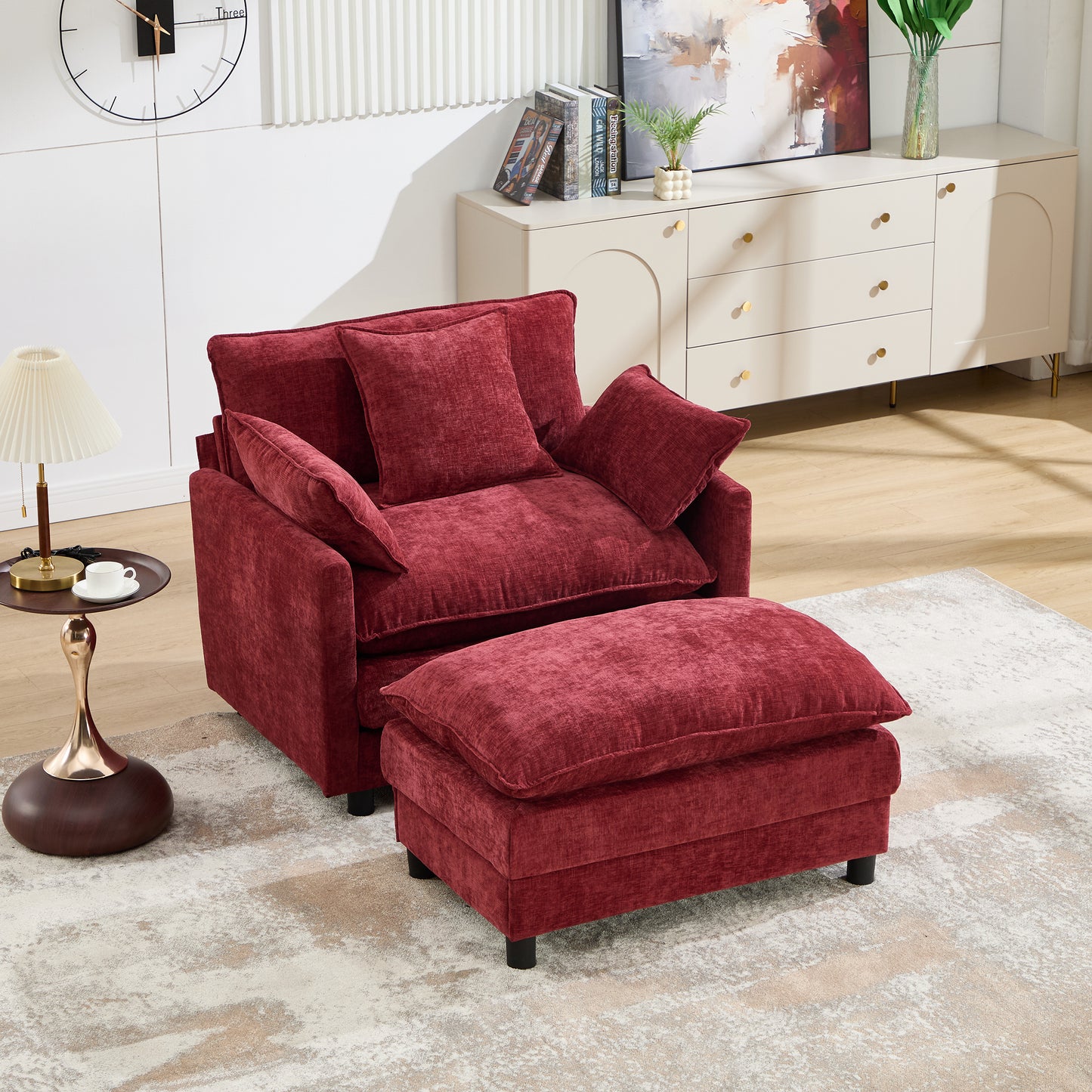 Modern Accent Chair with Ottoman - Wine Red Chenille Upholstery