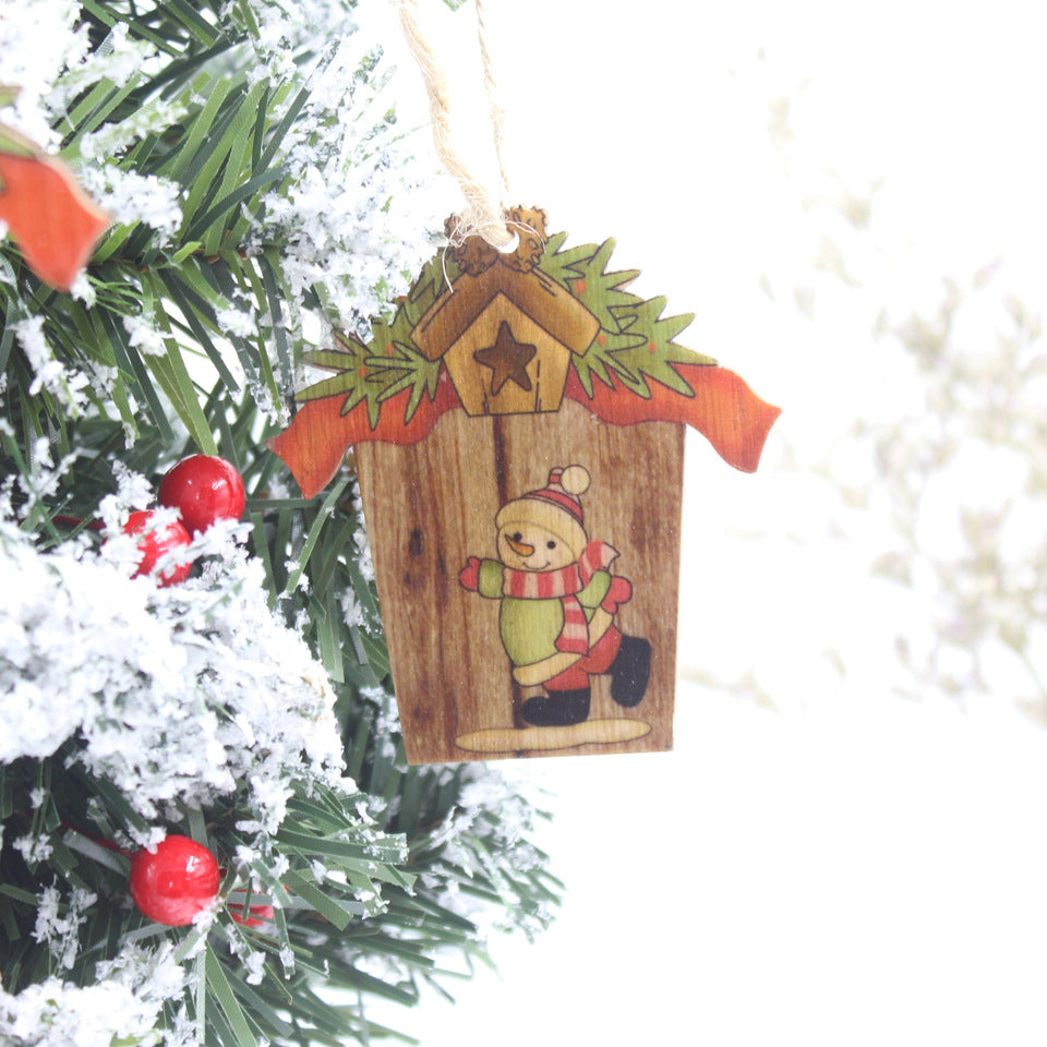 Wooden House Shape Santa Elk Christmas Pendant Set - Festive Decor