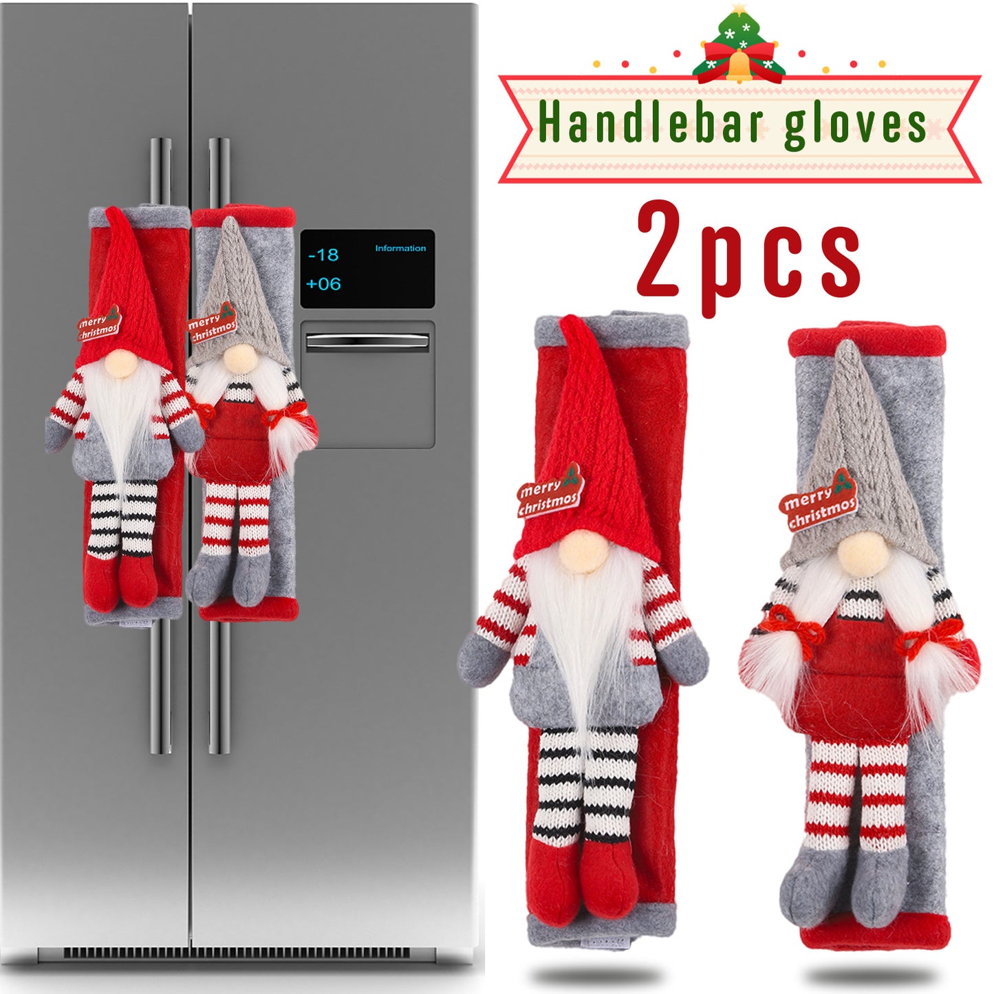 Christmas Refrigerator Door Handle Decoration Suit 2PCs Red & Gray