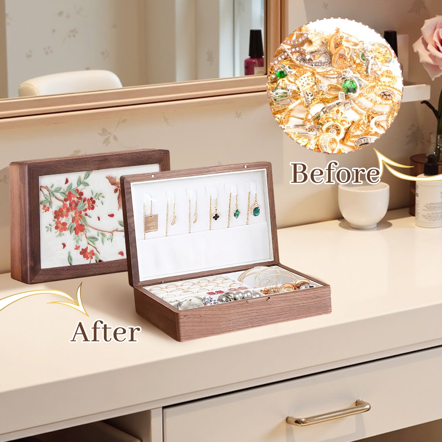 Solid Wood Jewelry Storage Box - Hand-Embroidered Black Walnut