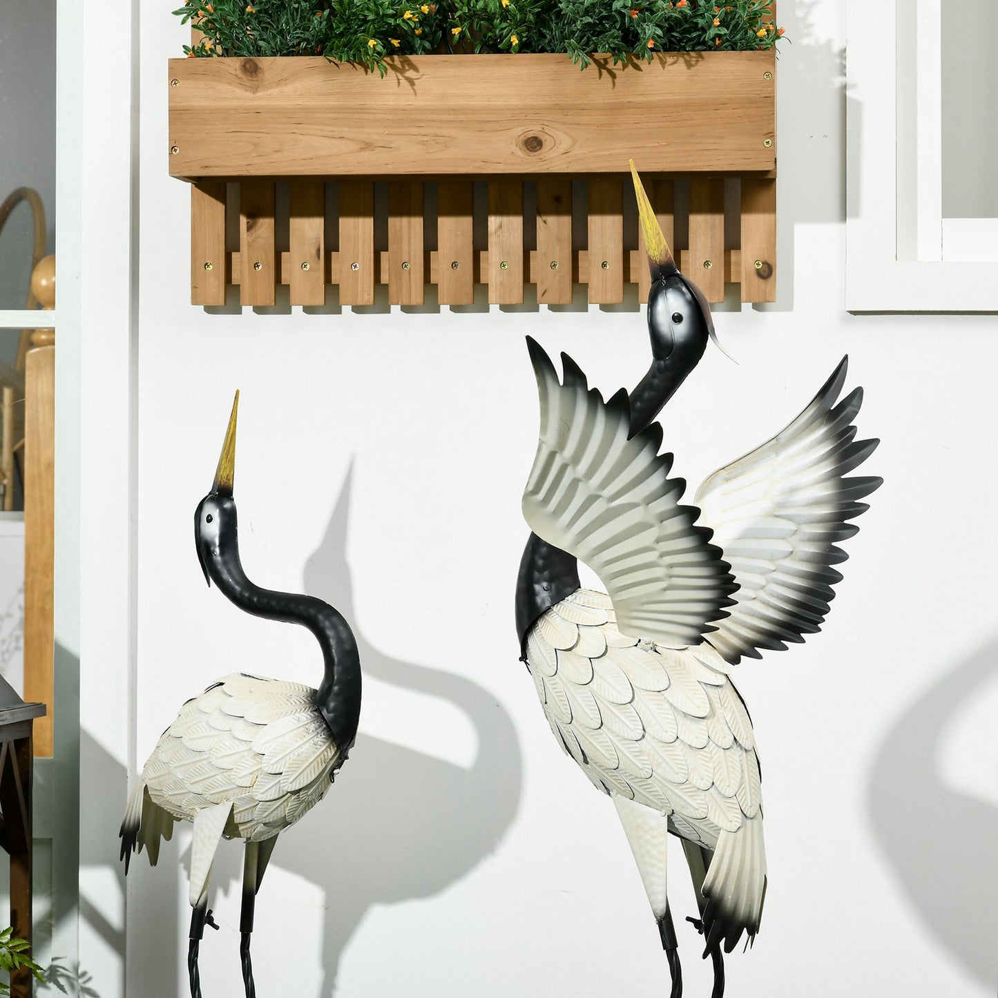 Set of 2 Heron Garden Statues - Black & White Lawn Sculptures