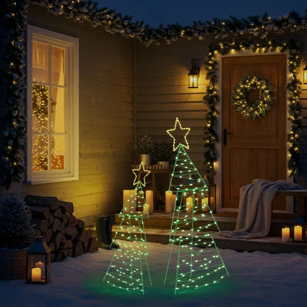 Lighted Metal Christmas Tree Yard Decorations - Set of 2, 150 LED Lights