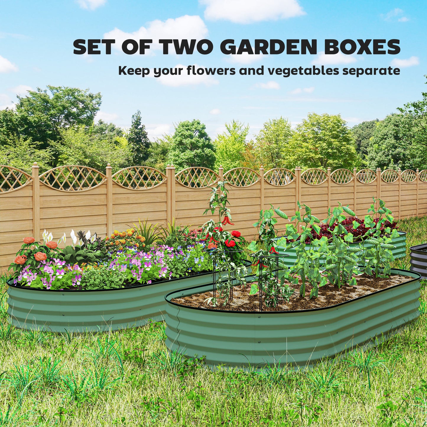 Raised Garden Bed Set with Metal Stakes - Green, 2-Pack, 575x375x140mm