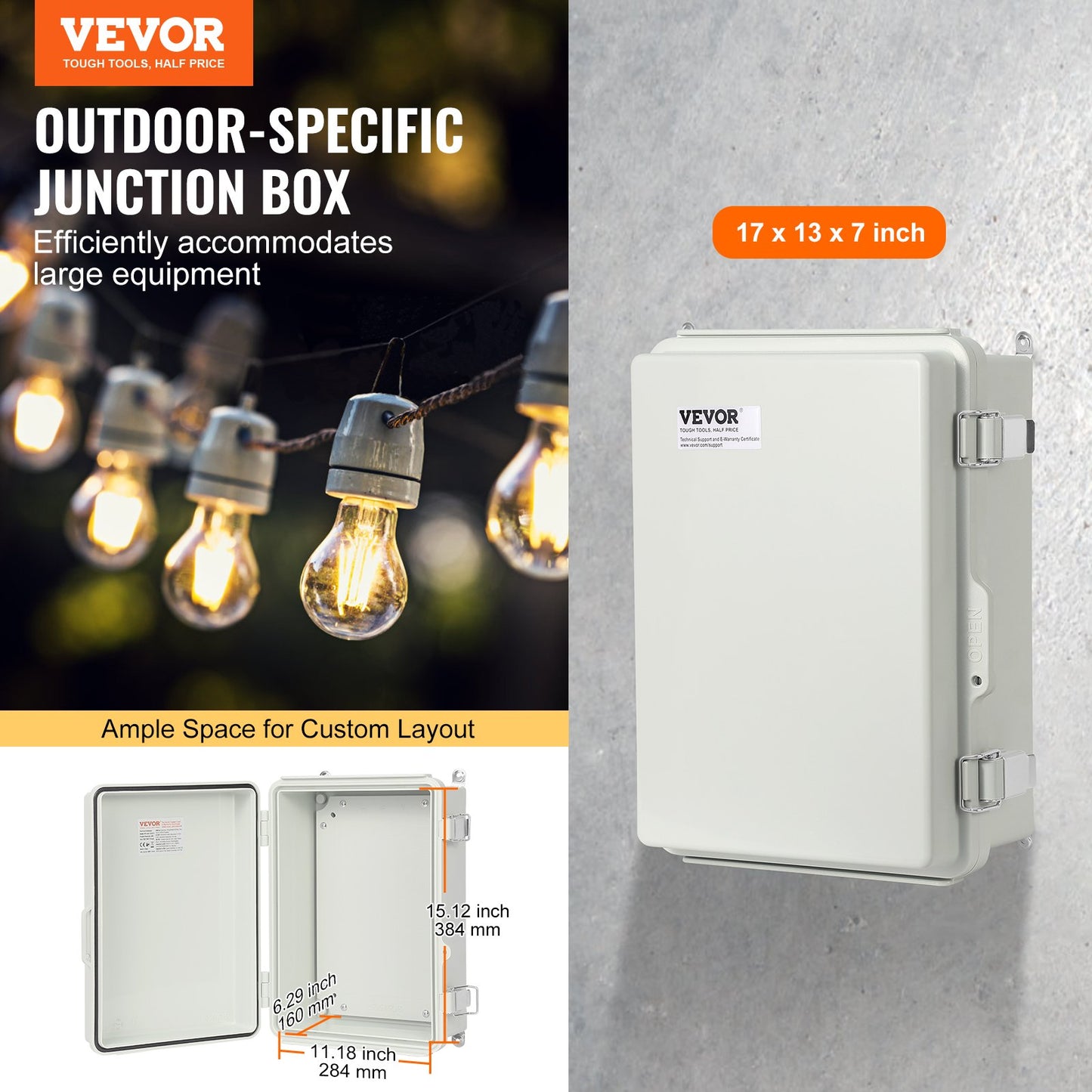 Outdoor Waterproof Electrical Junction Box - ABS Plastic Enclosure with Hinged Cover, Stainless Steel Latch, IP67 Dustproof Waterproof, 16.93 x 12.99 in