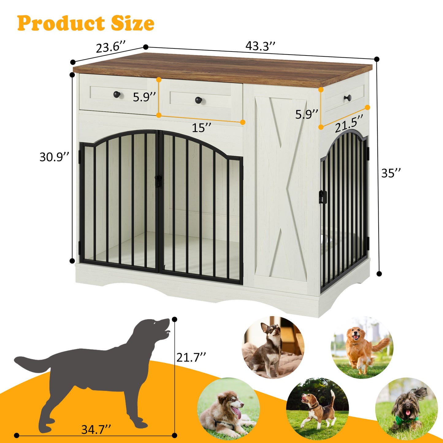 Farmhouse Dog Crate Furniture with 3 Drawers - Beige Brown