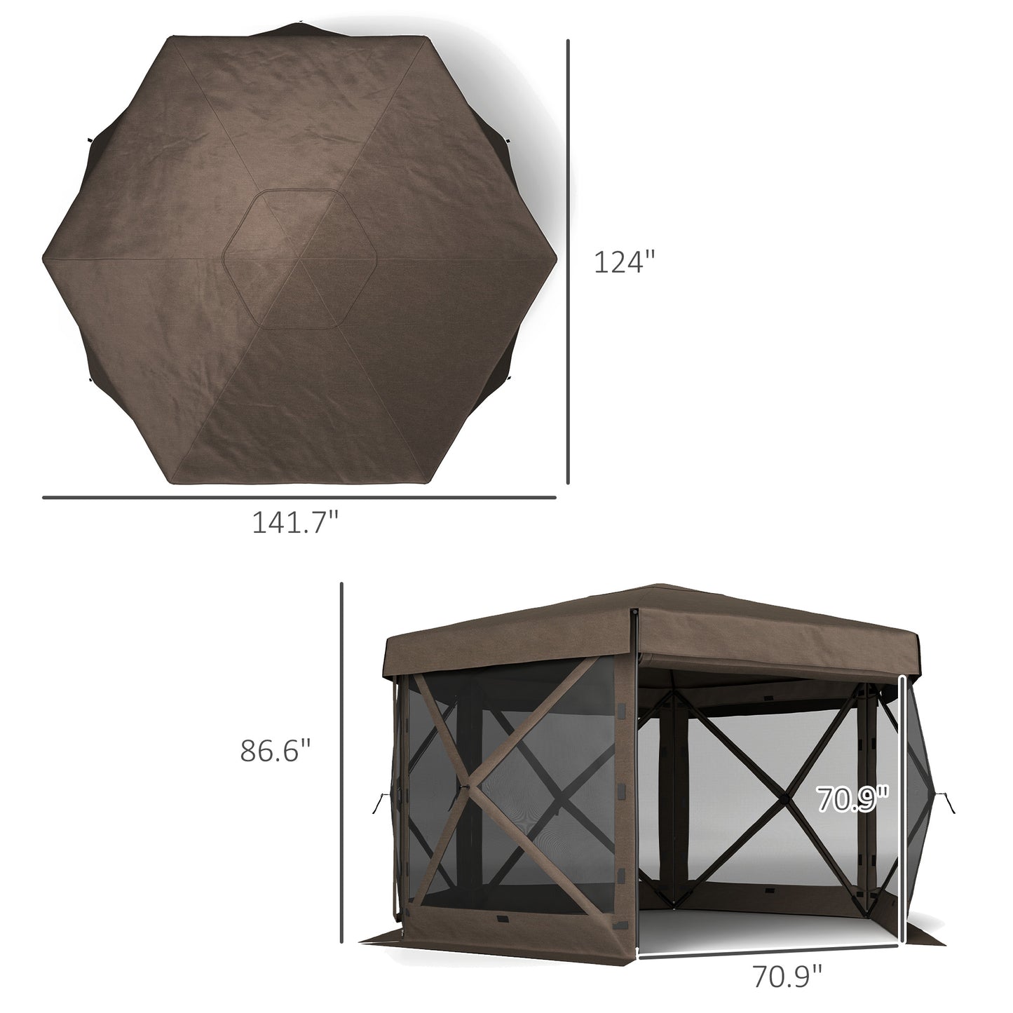 12x12 Hexagonal Pop-Up Canopy Tent with 5 Sidewalls - Brown
