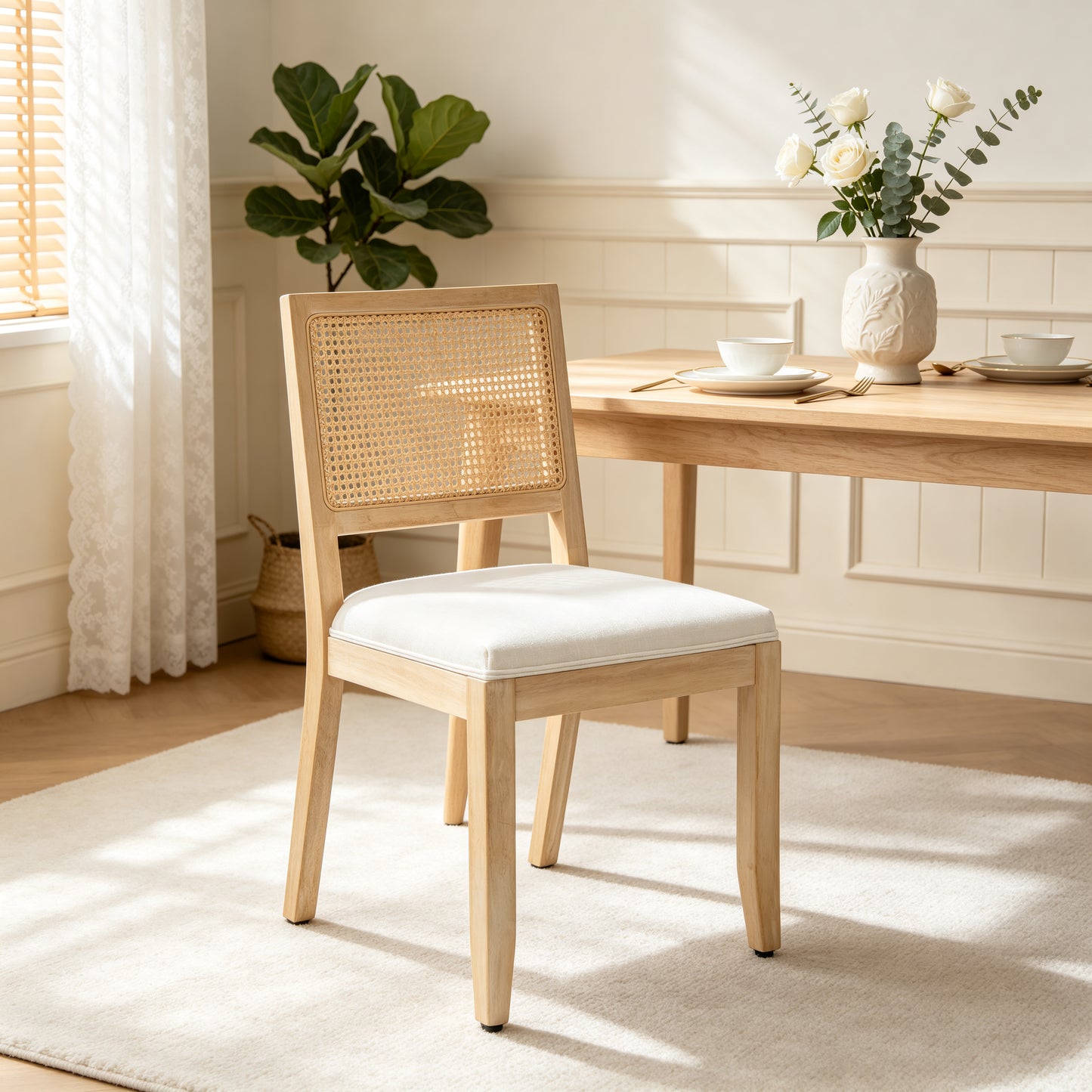 Set of 2 Mid Century Modern Rattan Dining Chairs - Beige