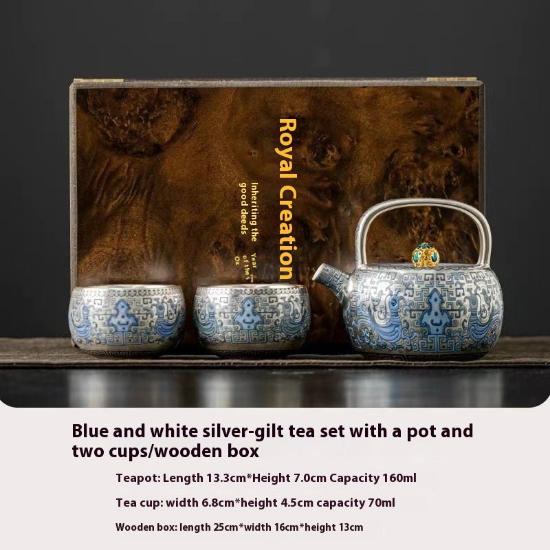 Gilded Silver Tea Set with Teapot - Retro Luxury Portable Drinkware
