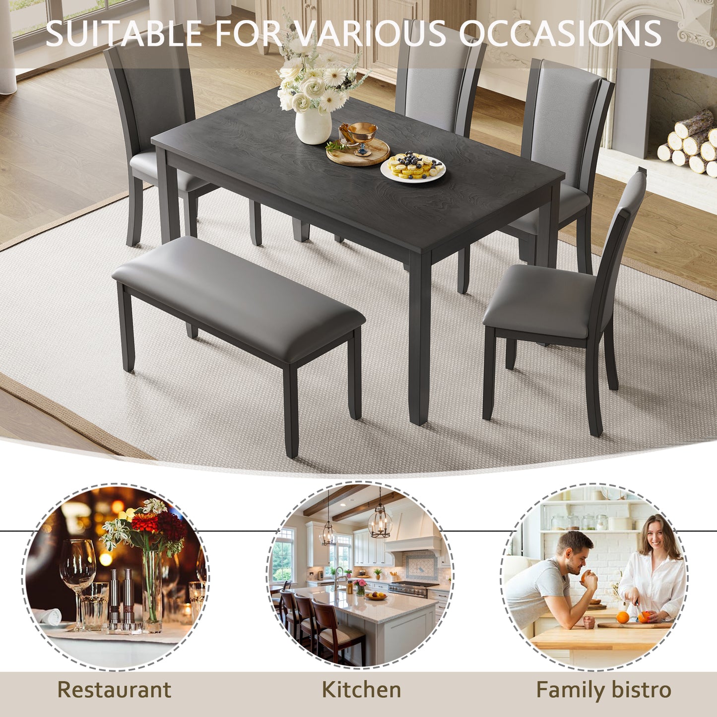 6-Piece Wooden Dining Table Set with Bench and Chairs - Gray