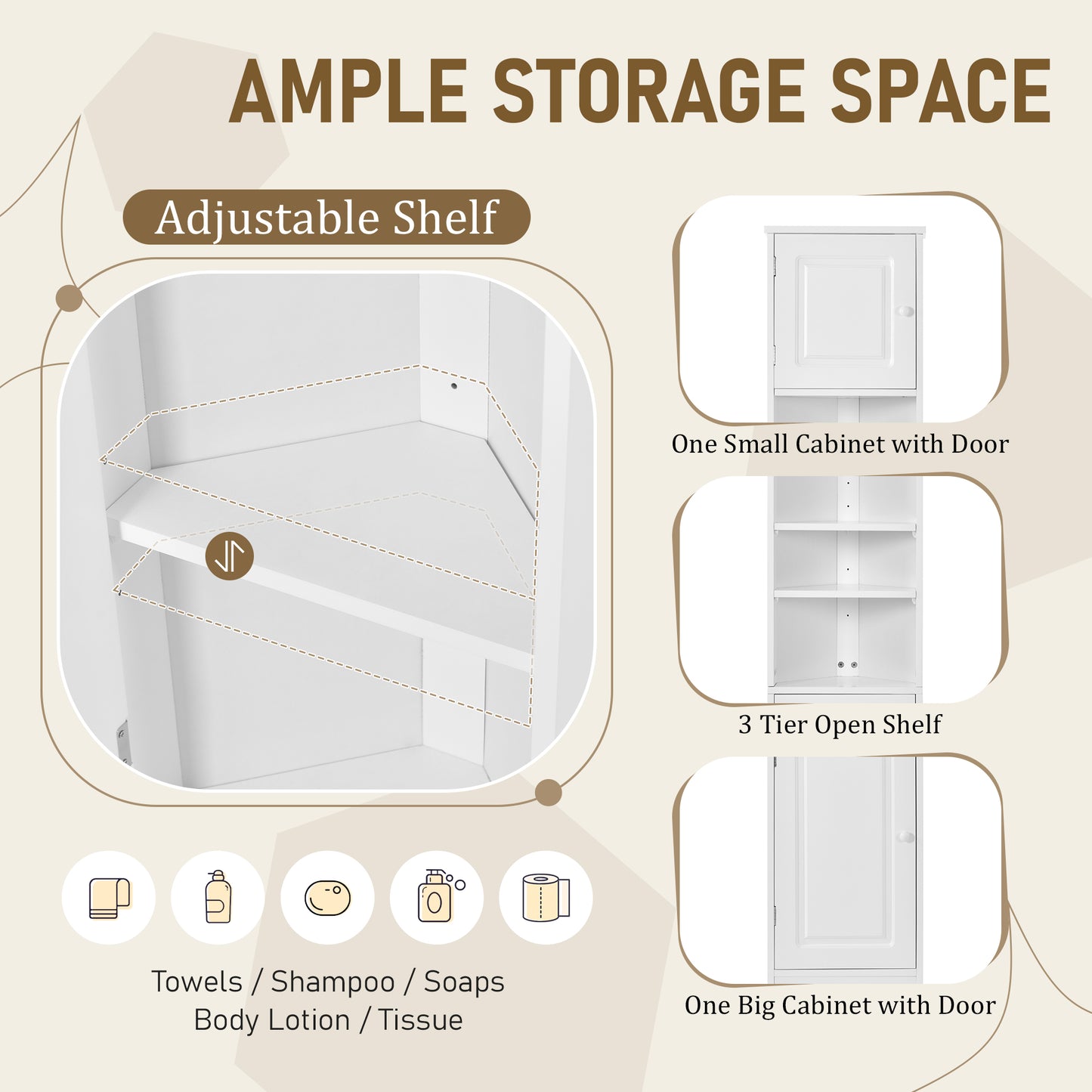 Tall Corner Bathroom Storage Cabinet with Adjustable Shelves - White