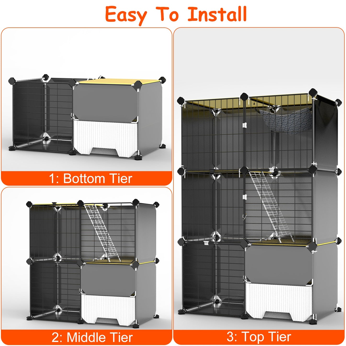 Indoor 3 Tier Cat Cage with Litter Box, Hammock, and Play Areas for Kittens