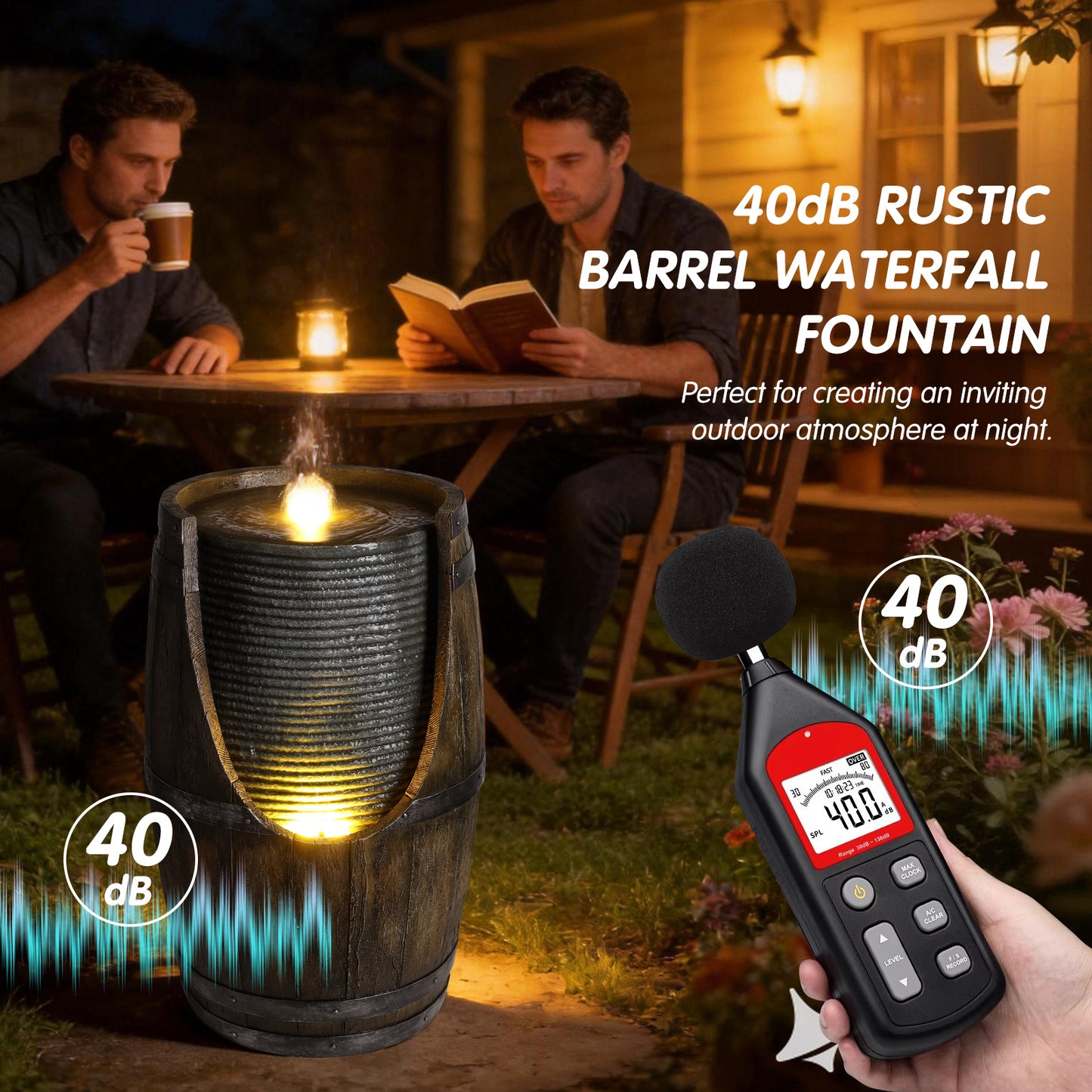 Outdoor Water Fountain with Bird Waterer - Rustic Barrel Garden Feature with LED Lights