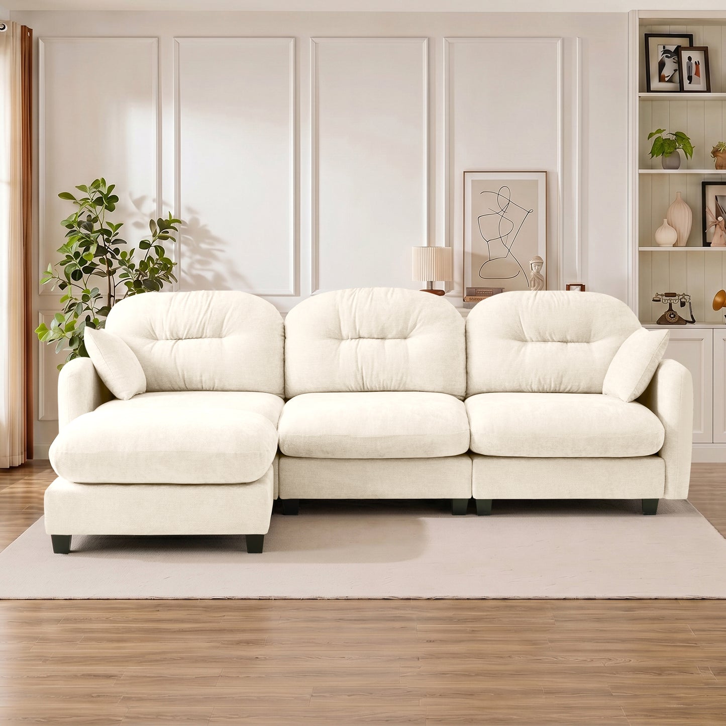 Modular L Shaped Sectional Couch with Ottoman - Beige Chenille