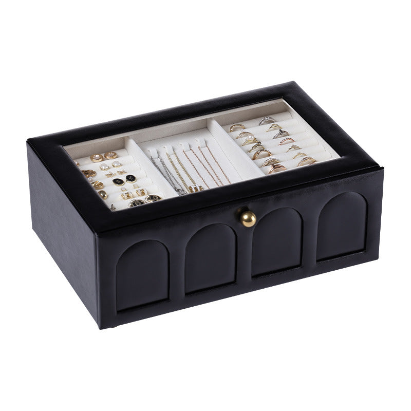 Large Capacity Jewelry Organizer Box with Multiple Compartments - Black Leather