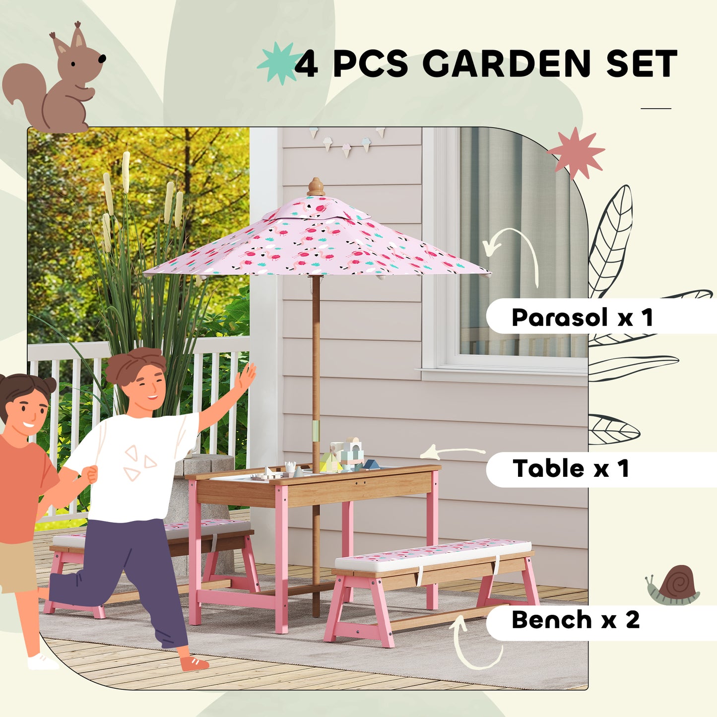 Kids Picnic Table Set with Umbrella & Removable Cushions - Pink Flamingo