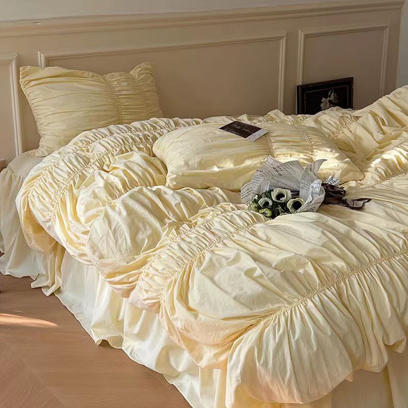 Handmade Bubble Pleated Cotton Bedding Set 4-Piece Modern Style Cream Yellow