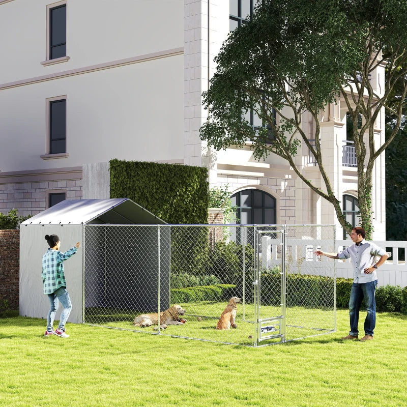 Large Outdoor Dog Kennel with Waterproof Cover, Galvanized Steel Frame, UV-Resistant Mesh, 19.7' x 7.5' x 7.5'