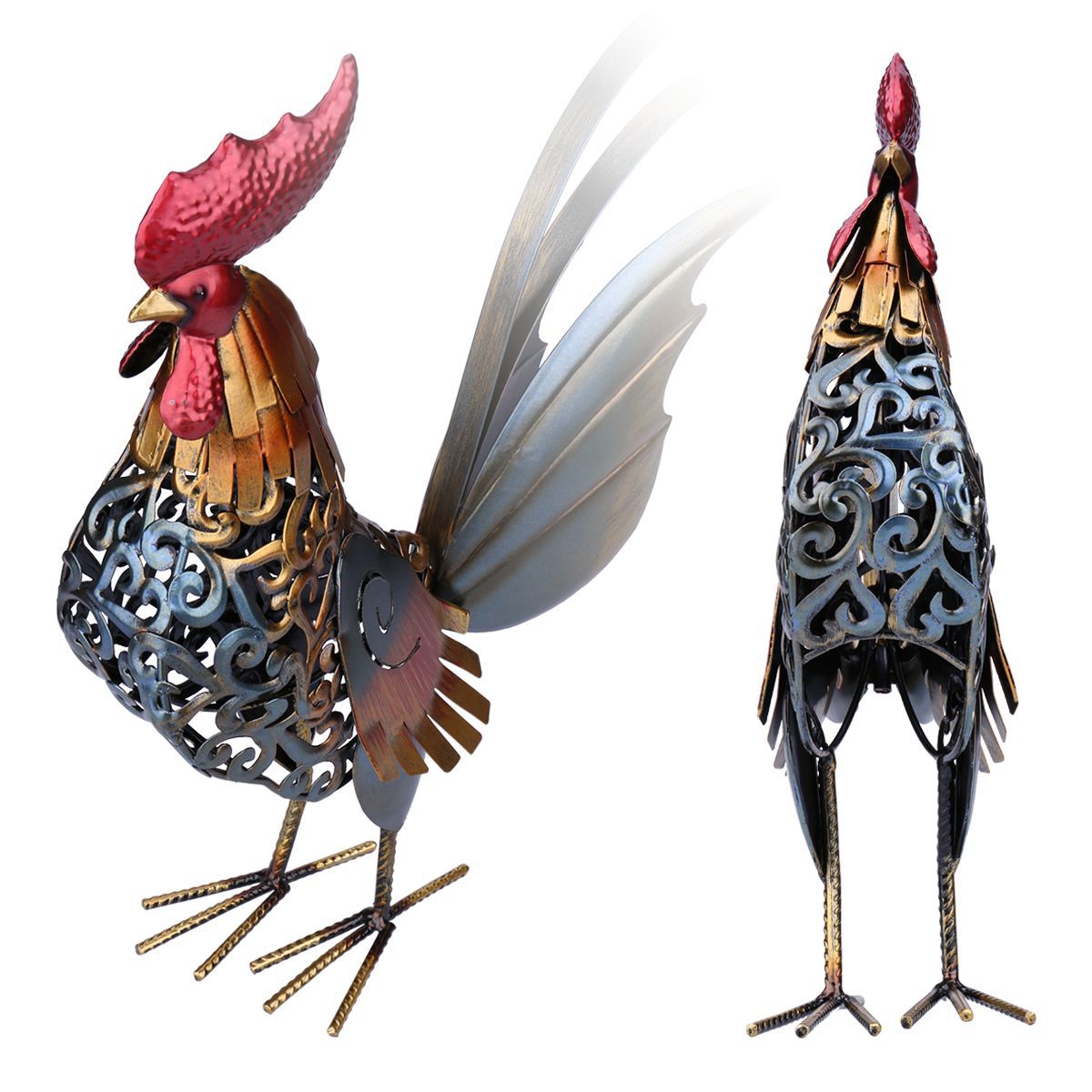 Wrought Iron Rooster Decoration - Animal Hanging Ornament in Gold & Silver