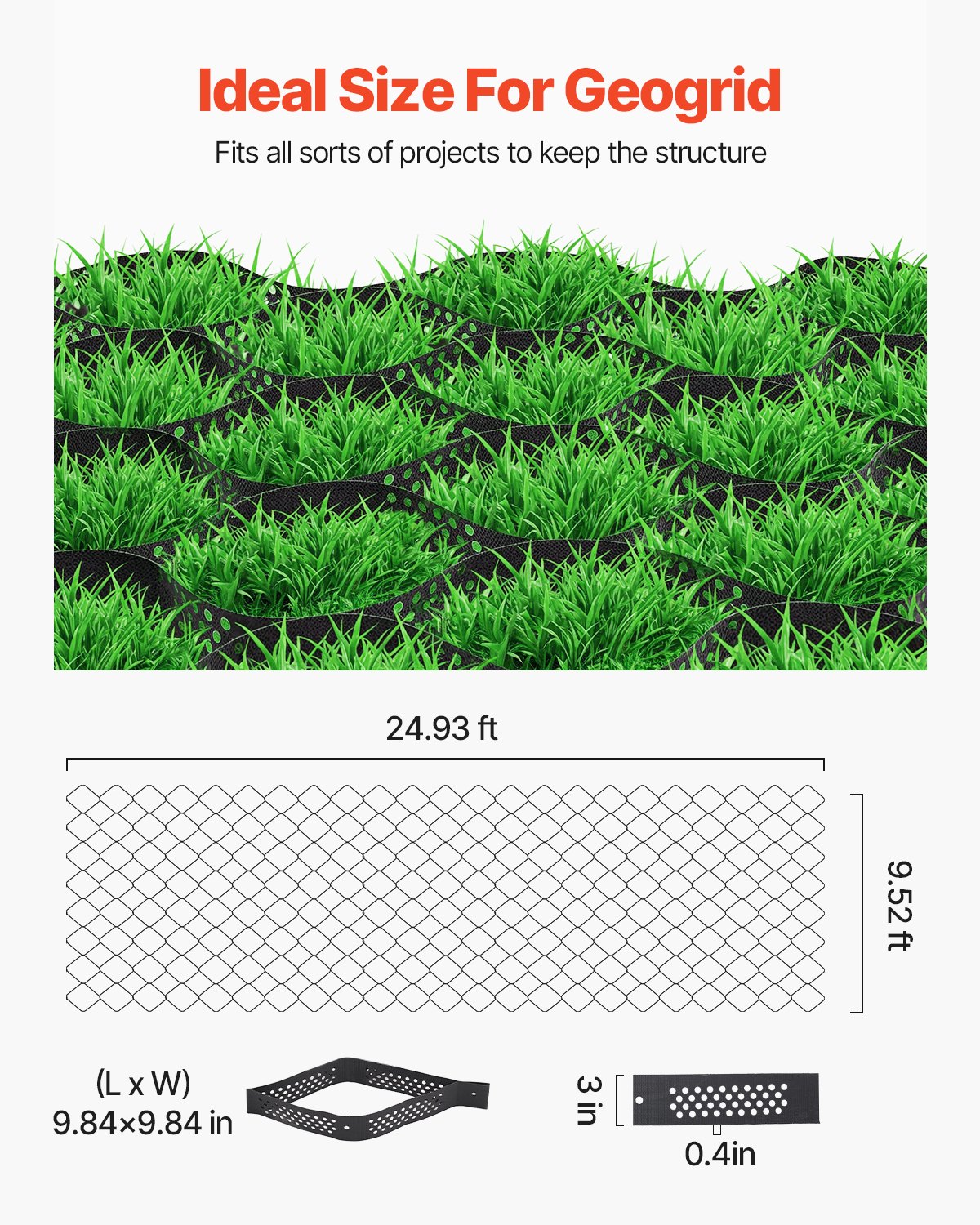 Ground Grid 3-Inch Depth Geocell Grid for Gravel Driveways and Erosion Control - Black 24.93x9.52 FT
