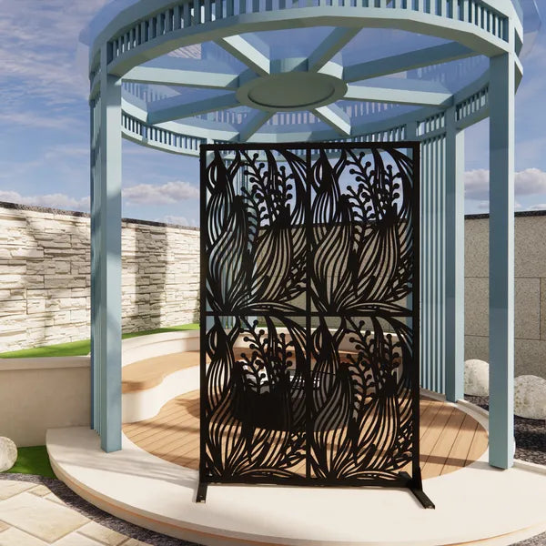 Metal Privacy Screen 3.8ft x 6ft Outdoor Indoor Divider - Black Leaf Design