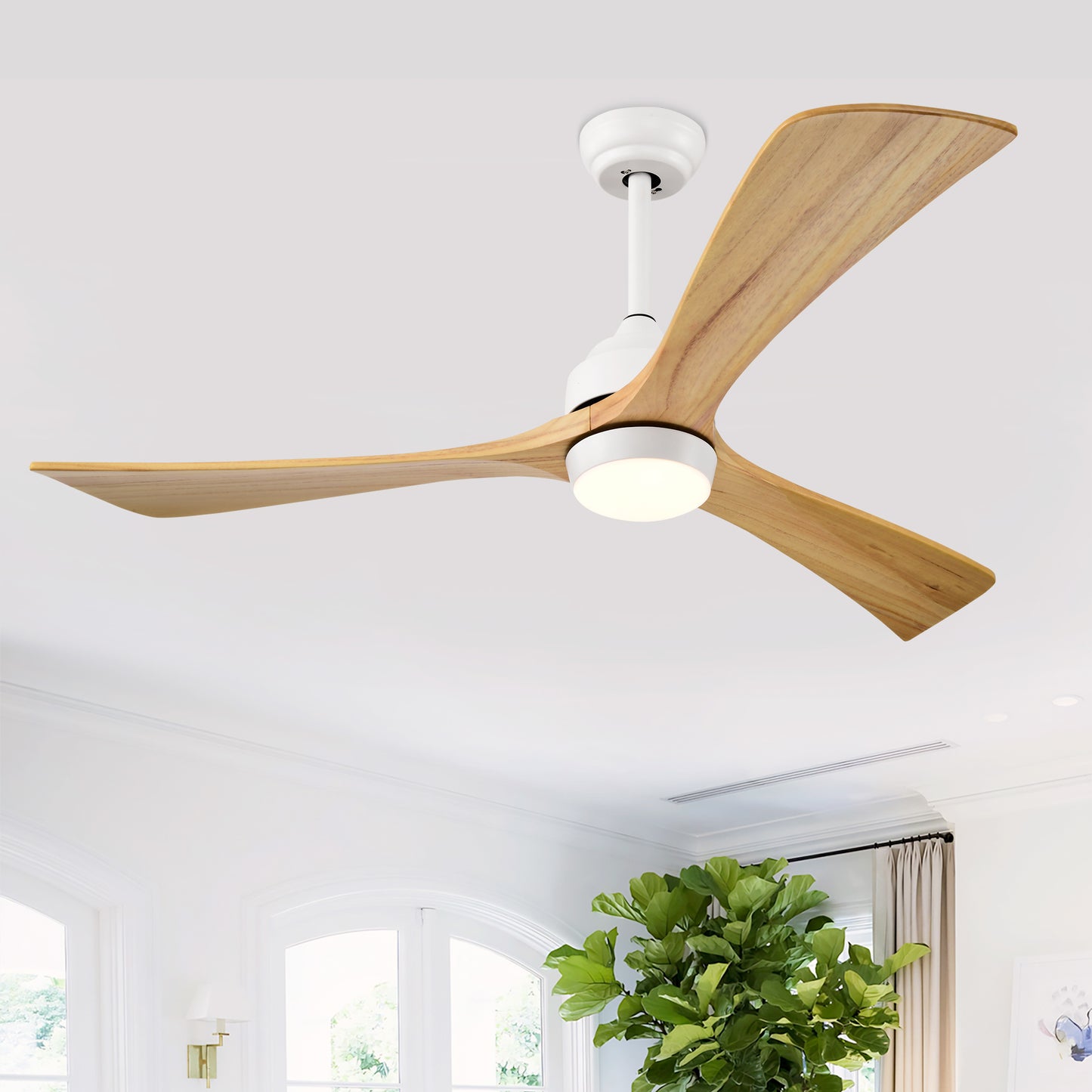52" Solid Wood Ceiling Fan with Lights & Remote - Matte White Natural