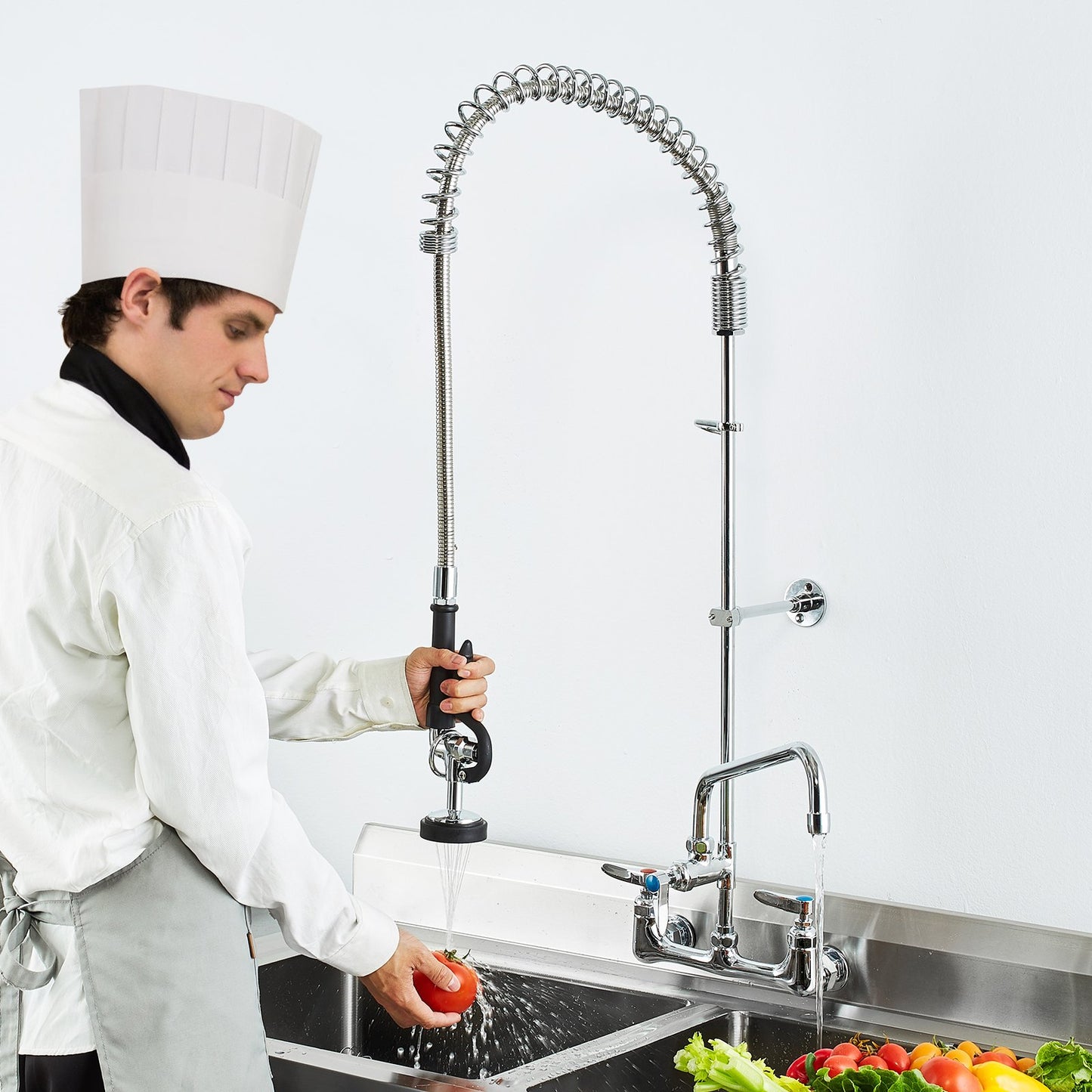 Wall-Mounted Commercial Kitchen Faucet with Pre-Rinse Sprayer