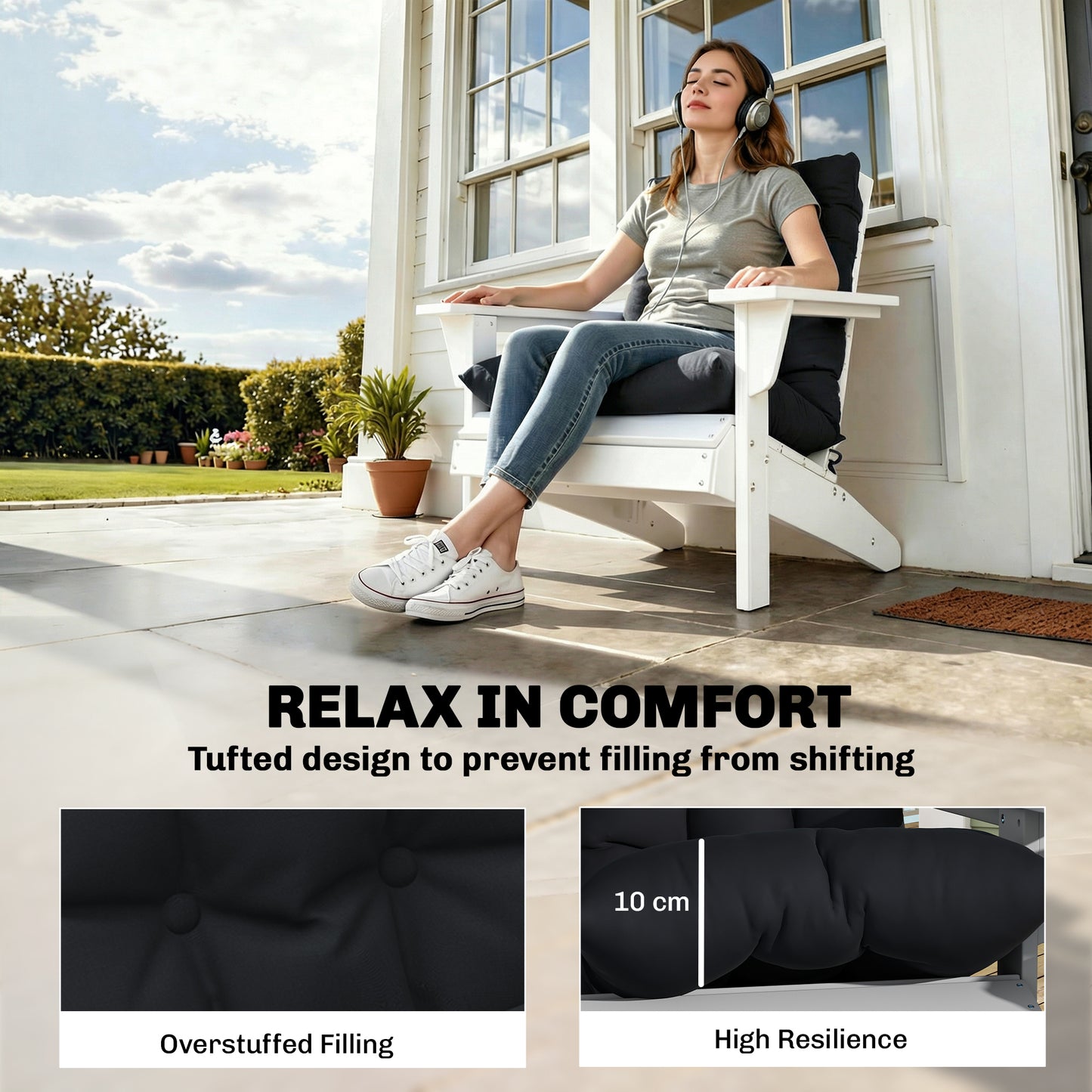 Adirondack Chair Cushions Set of 2 - Tufted Black Patio Cushions
