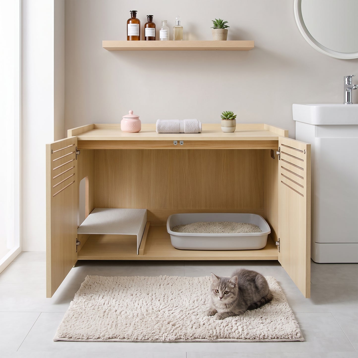 Wooden Cat House with Scratching Pad and Hidden Litter Box, Spacious Pet Furniture