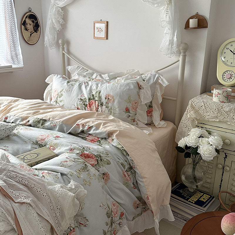 Princess Style Ruffled Cotton Bed Sheet Duvet Cover Set - Floral Minimalist Bedding