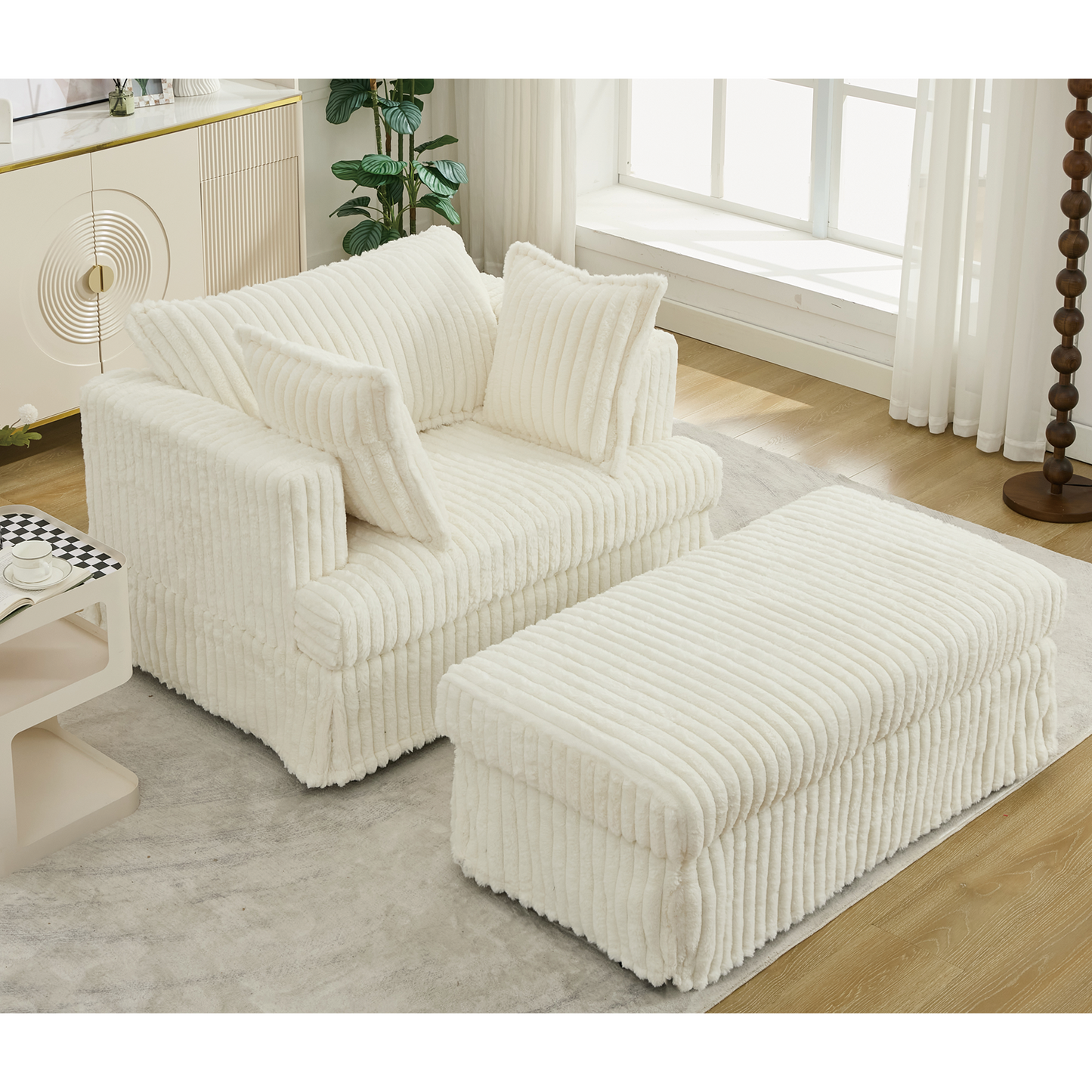 Oversized Corduroy Chaise Longue with Ottoman - Beige