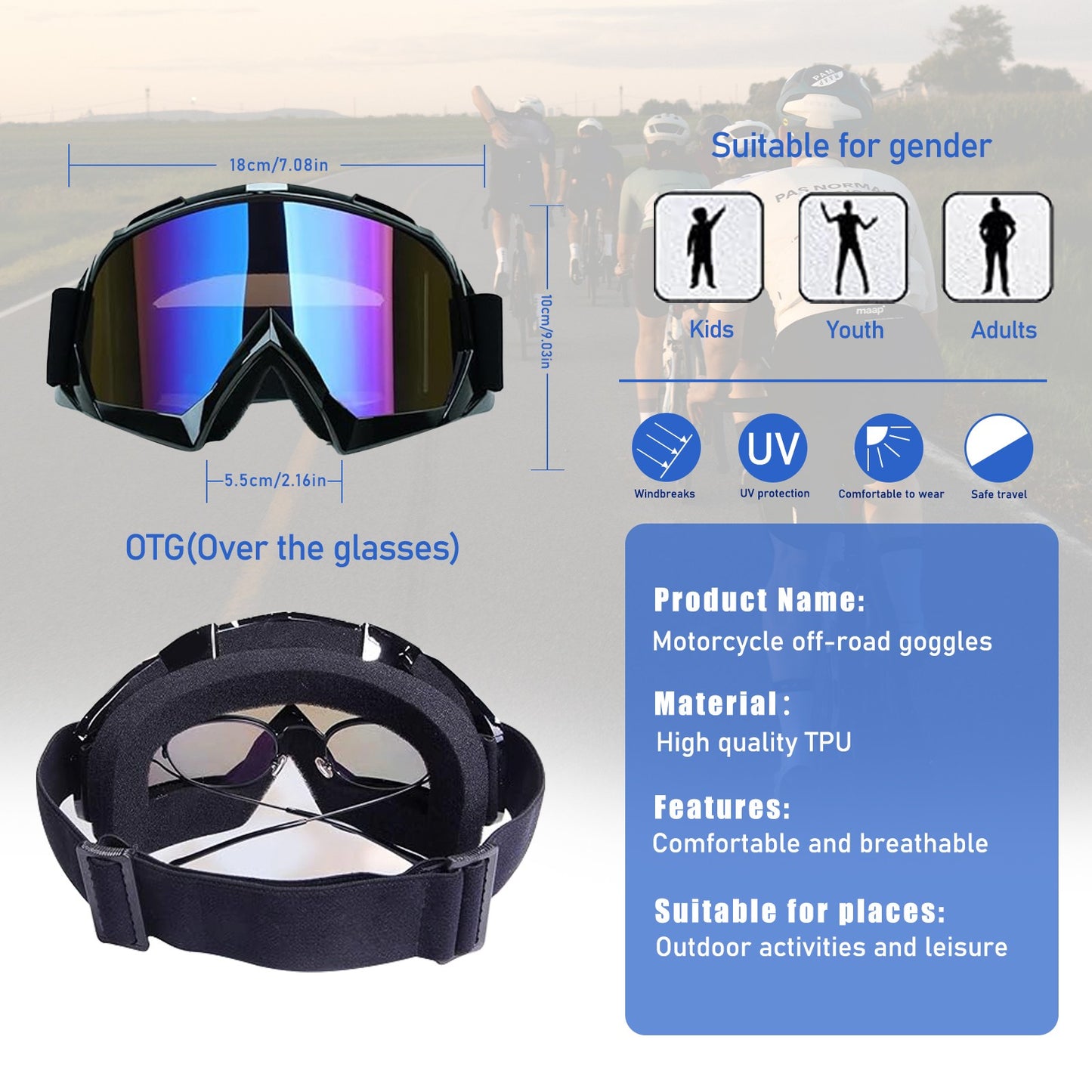 Motorcycle Goggles for Glasses - Anti-Fog, UV Protection, Shatterproof