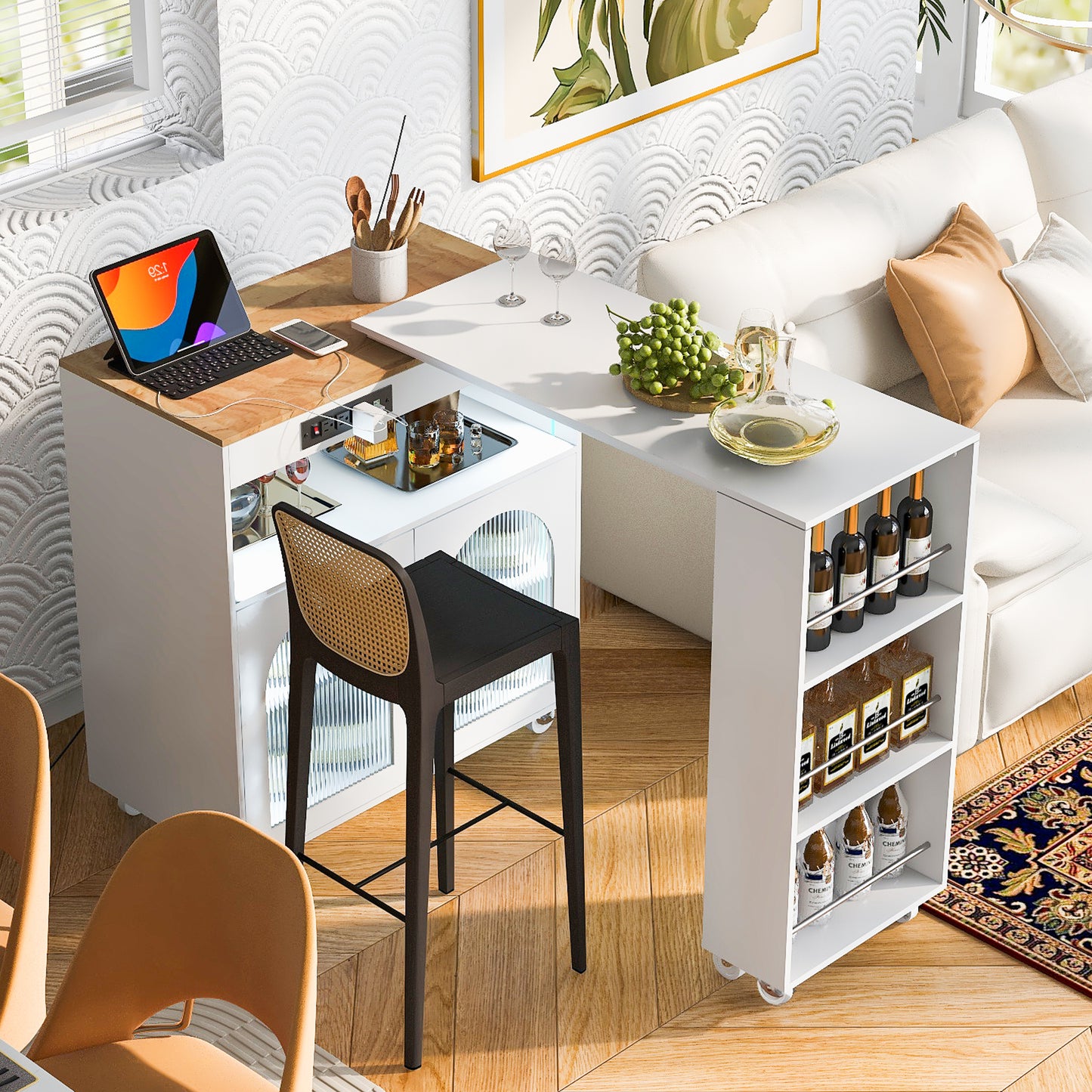 K&K Rolling Kitchen Island With Extended Table,Kitchen On Wheels LED