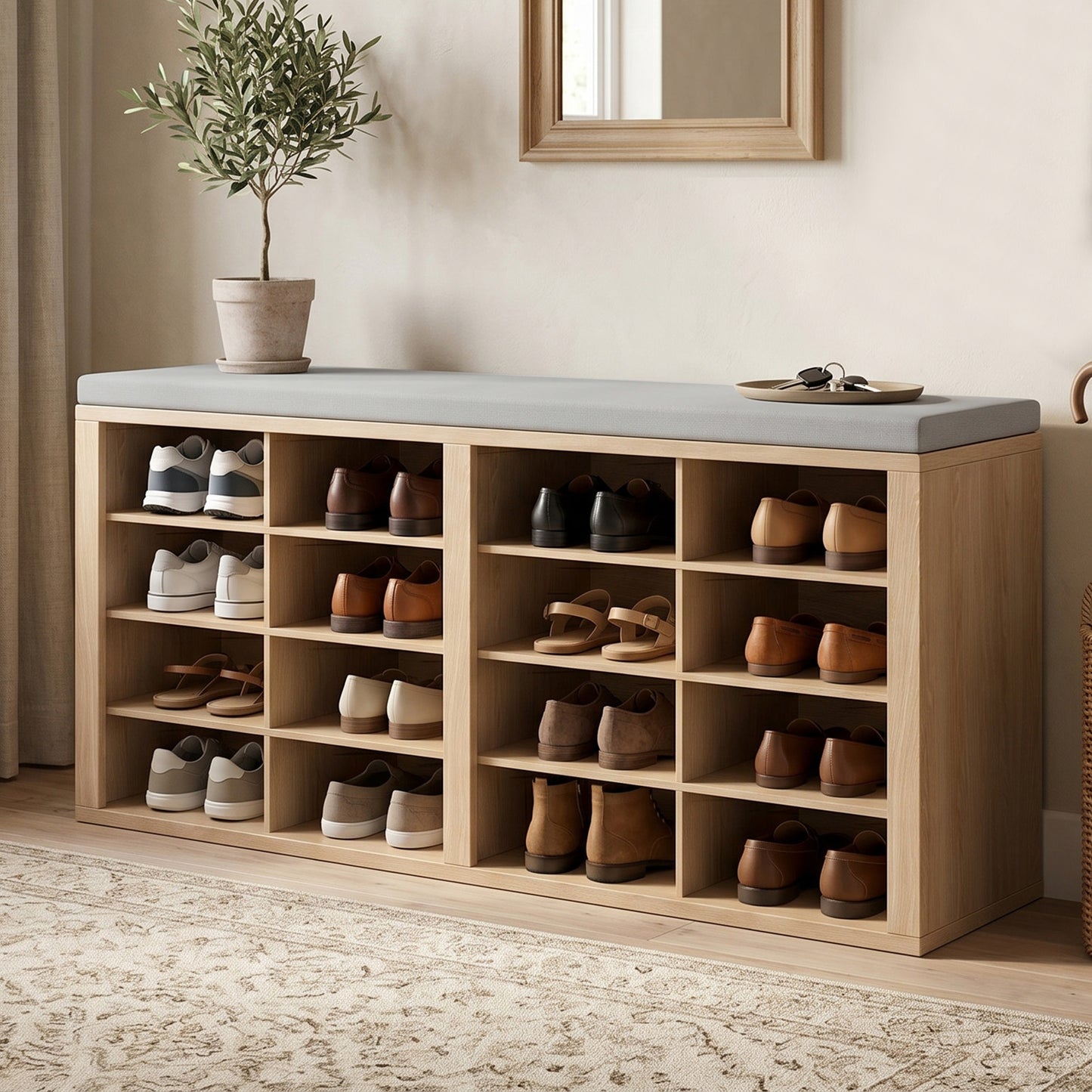 Shoe Storage Bench With Cushion 16 Cubby Rack Multifunctional