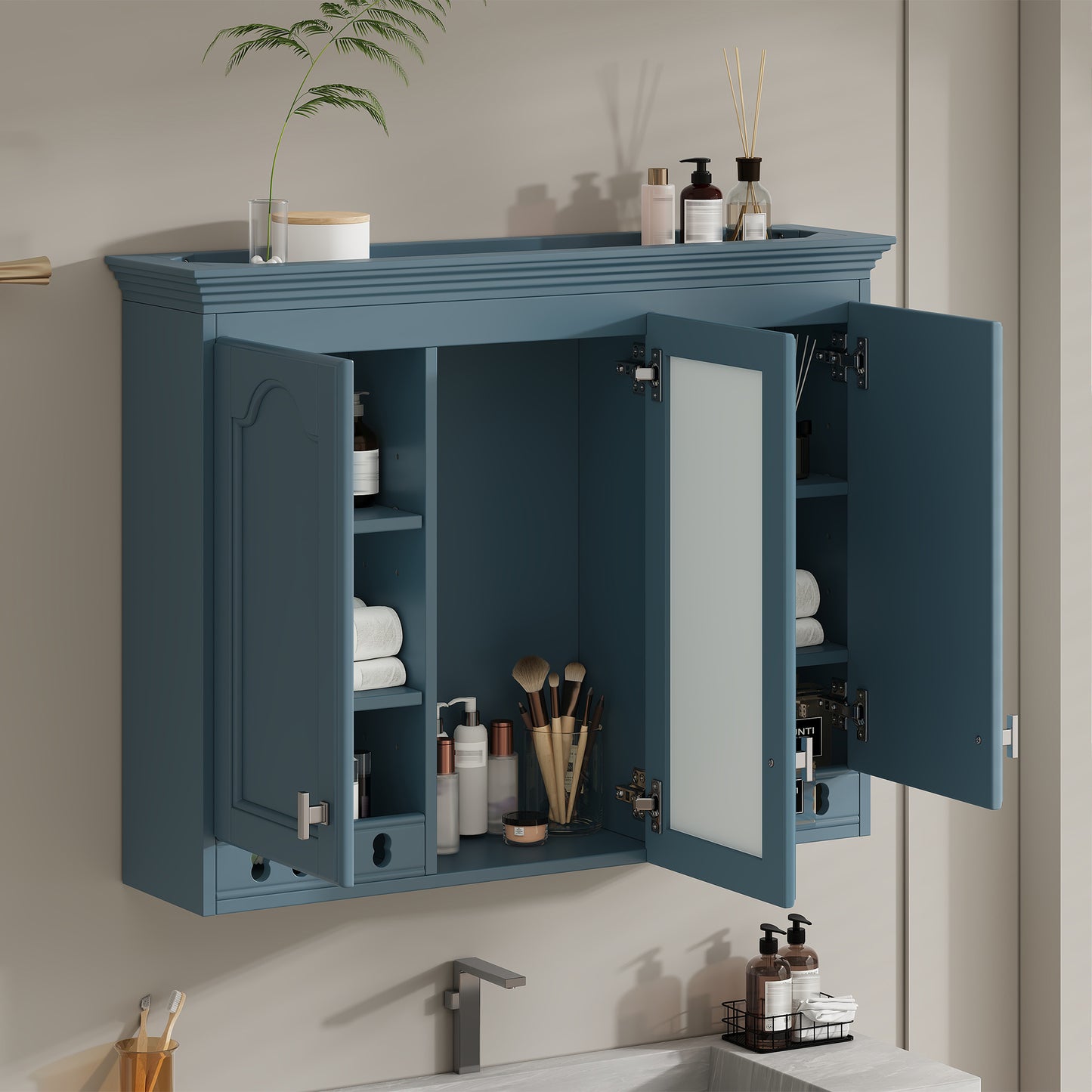 35 Inch Wall-Mount All-in-One Mirror Cabinet With Adjustable Shelves,