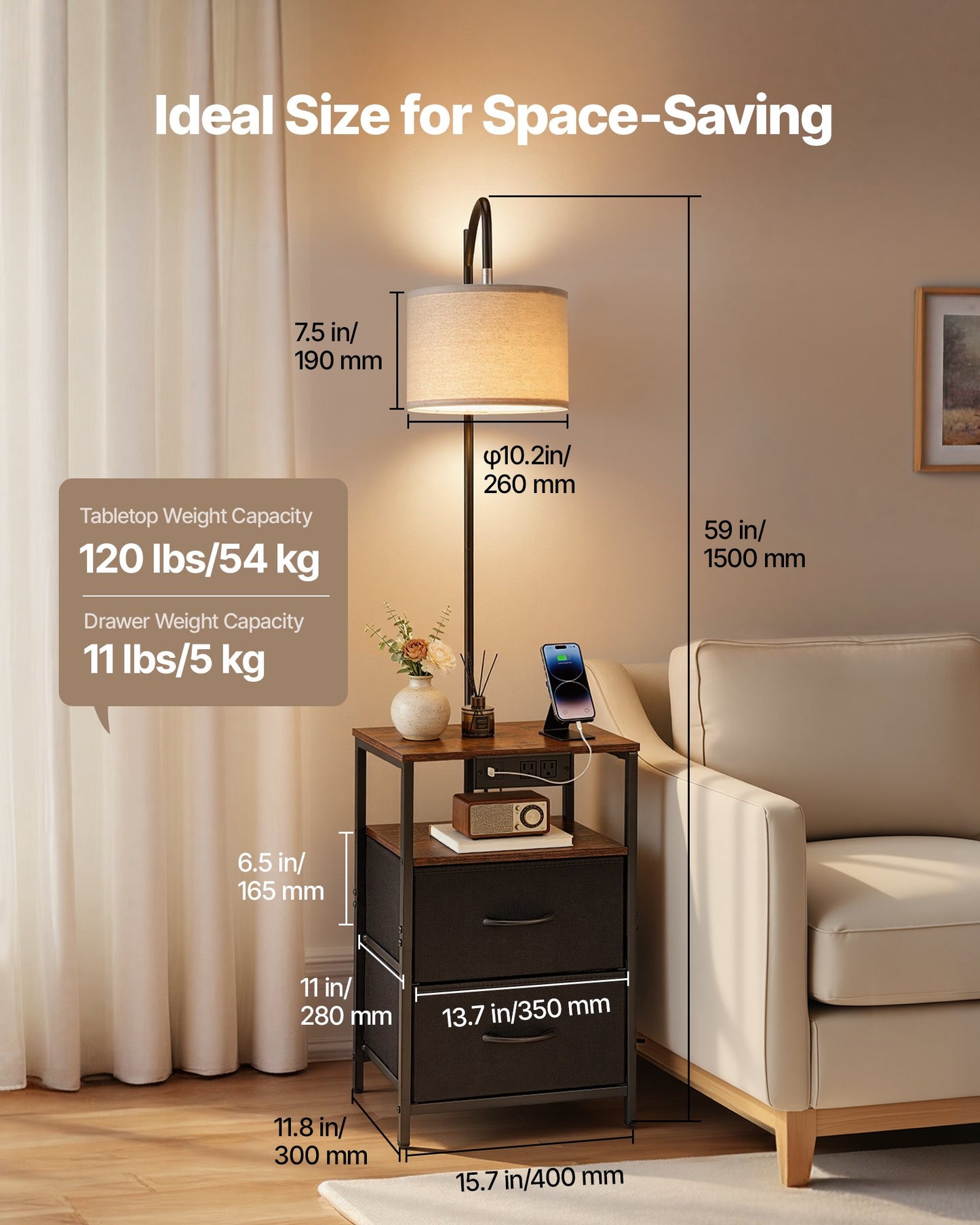 Floor Lamp With 2-Tier End Table and USB Charging Port - Modern Bedside Nightstand with Adjustable Color Temp