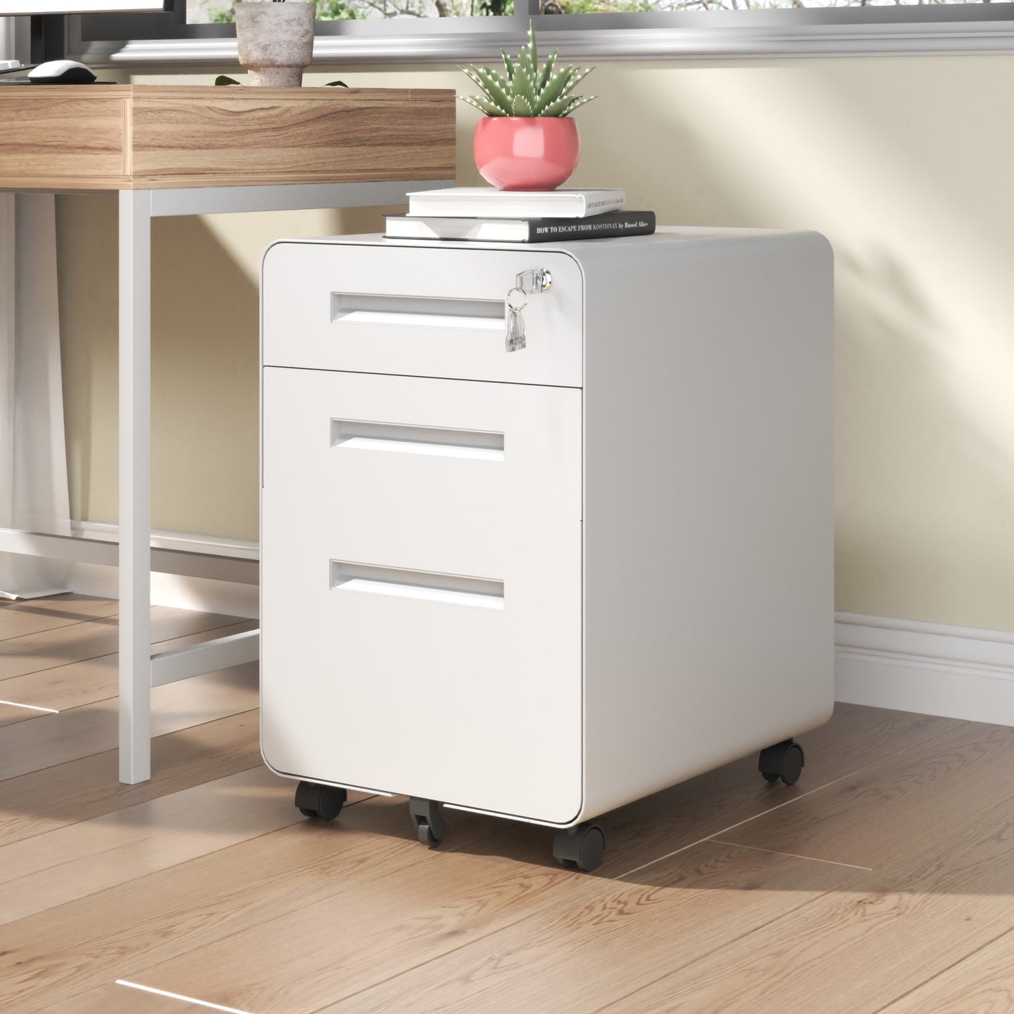 3-Drawer Wide Mobile File Cabinet With Lock, All-Steel Metal Storage