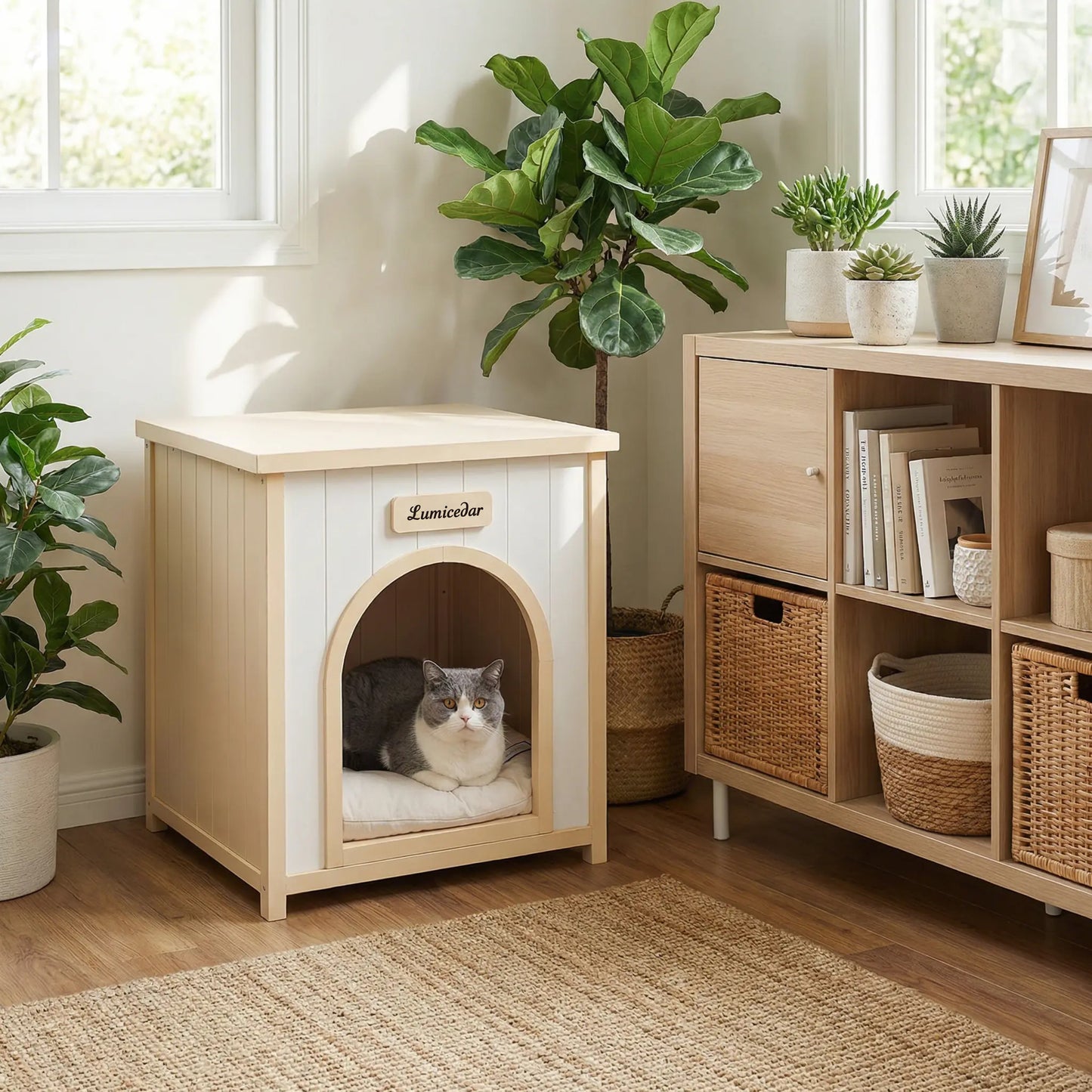 Indoor Wooden Dog House with Removable Cushion - Small Pet Shelter, Scandinavian Design