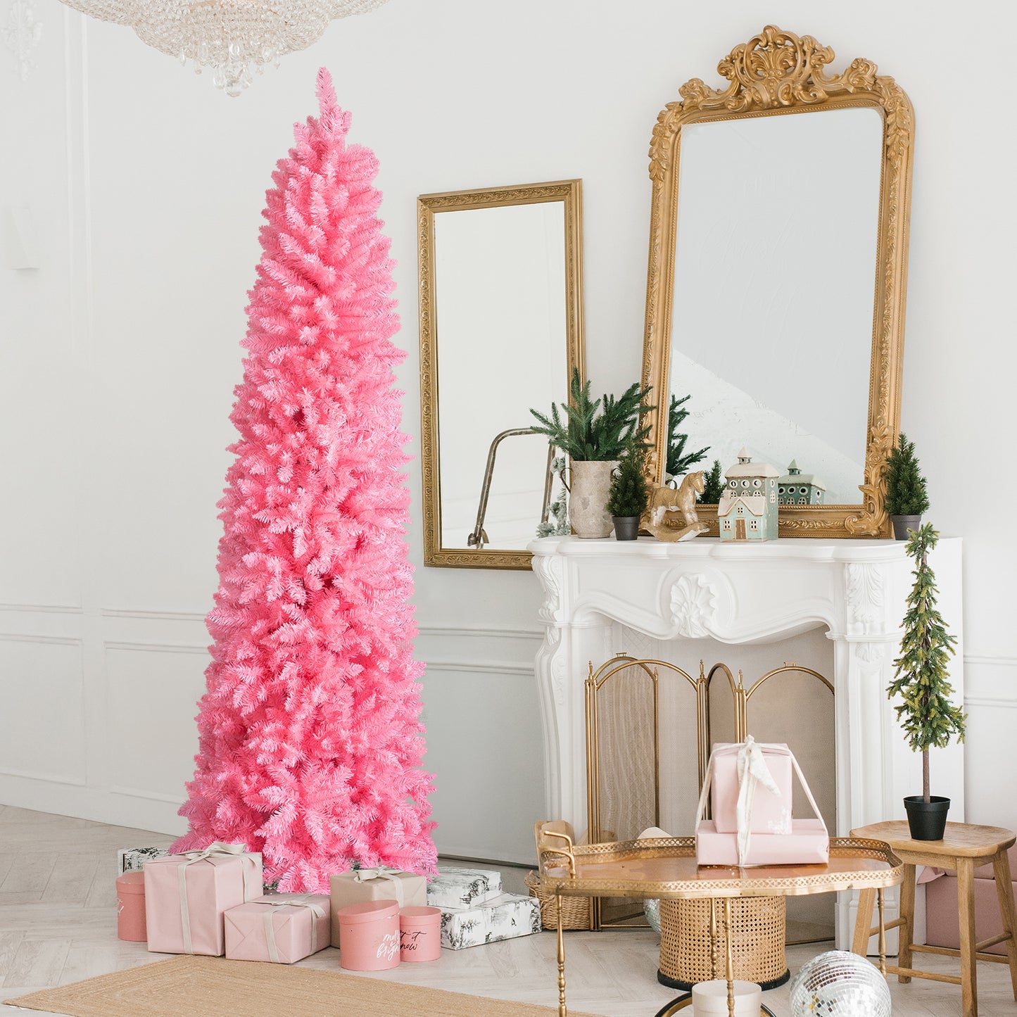 7.5 FT Slim Pencil Christmas Tree - Unlit Pink Artificial Pine