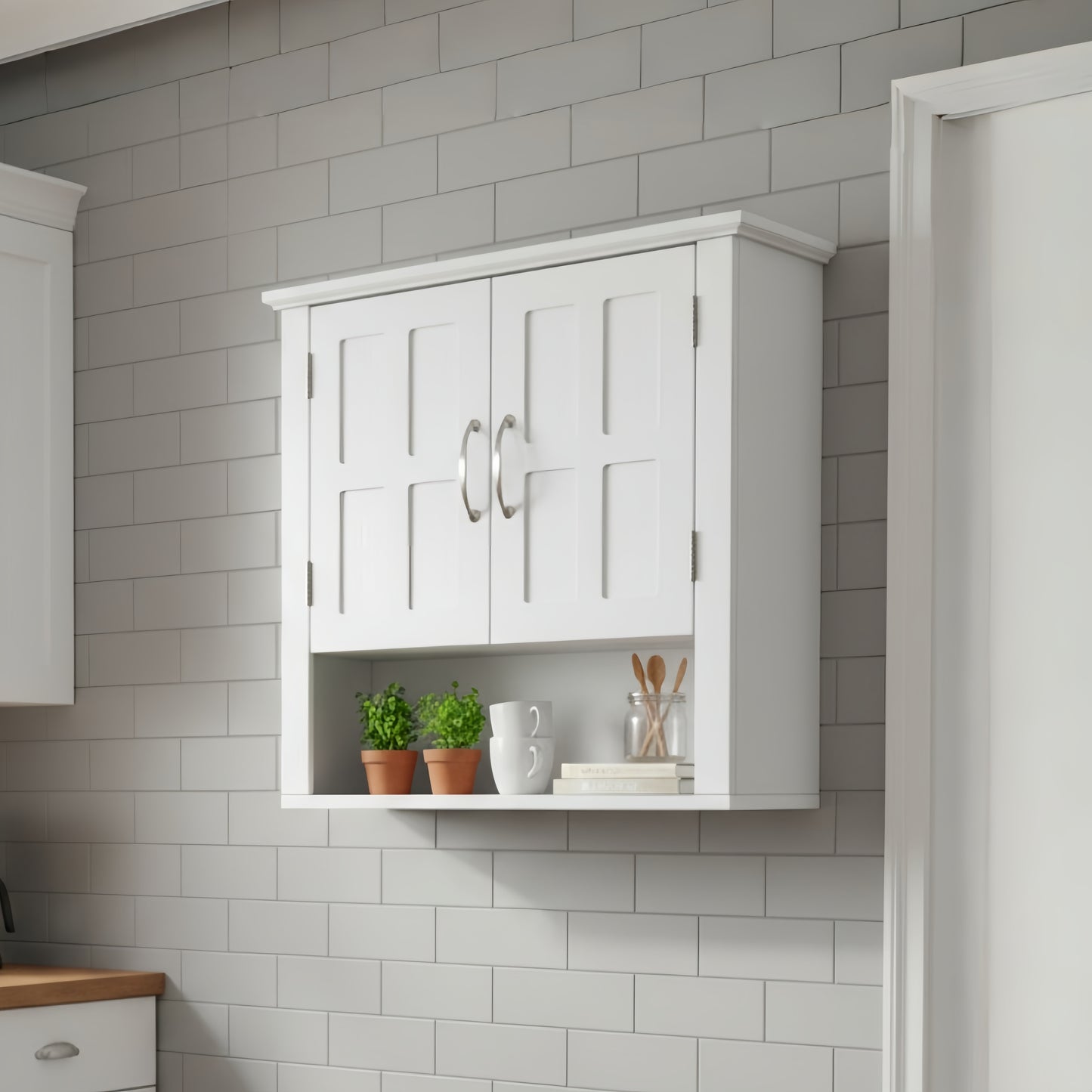Wall-Mounted Bathroom Storage Cabinet with Adjustable Shelves - White