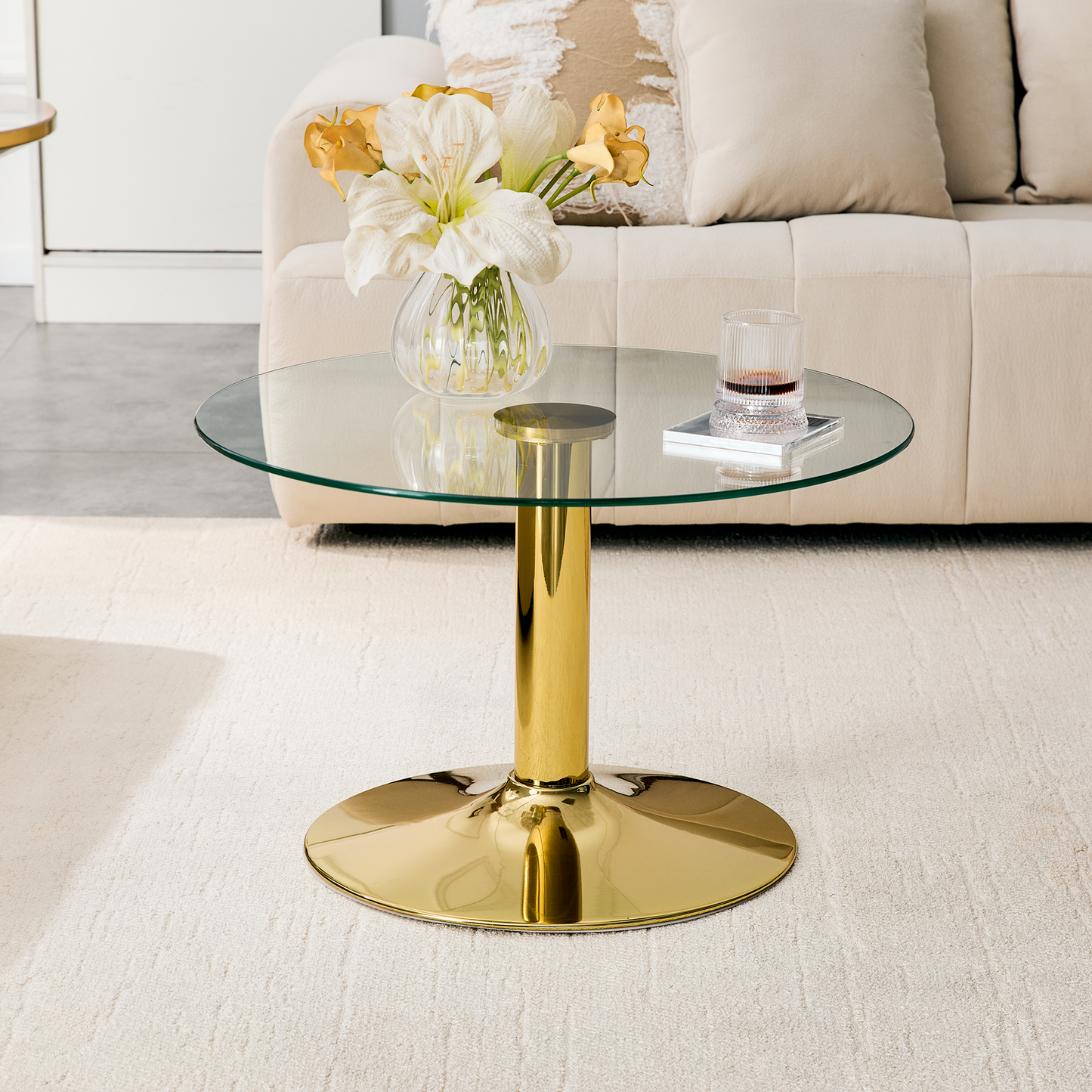Round Tempered Glass Coffee Table - 27.5-Inch Diameter, Gold Base