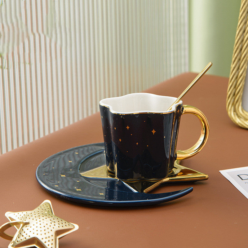 Ceramic Cup Set with Star and Moon Saucer - 4 Colors