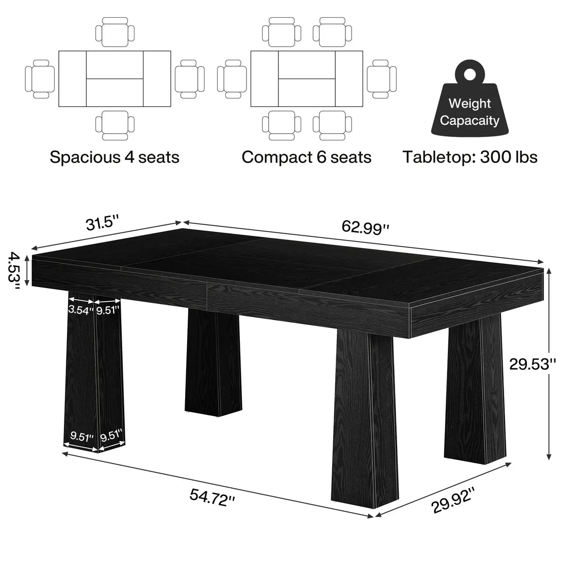Executive Writing Desk - 63 Inch Black Home Office Furniture